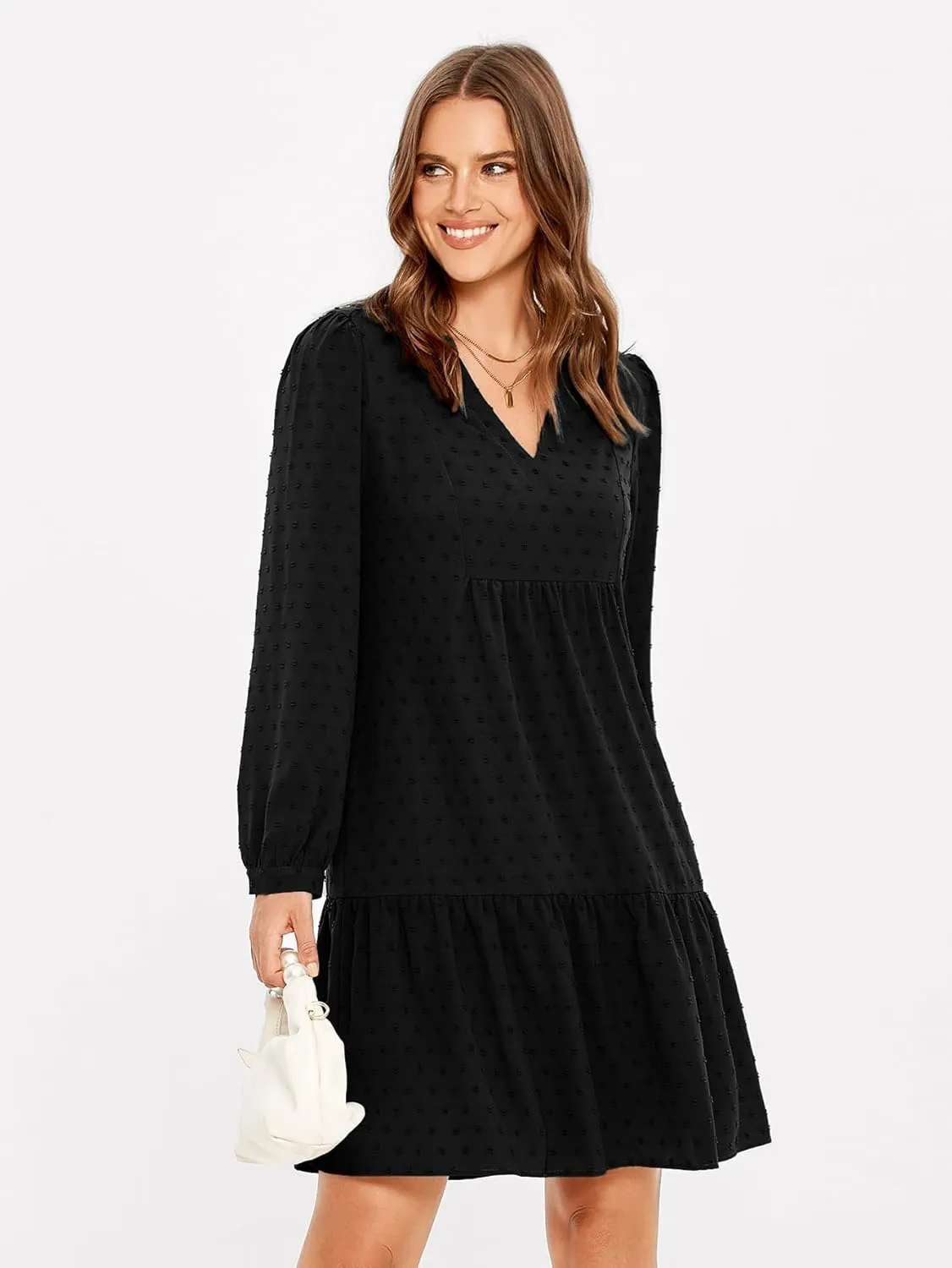 Simplee Women V Neck Long Sleeve Swiss Dot Dress Flowy Mini Dress Shift Dress