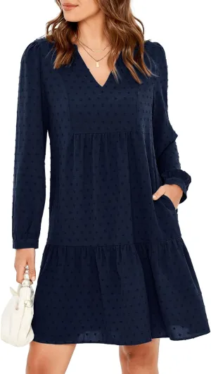 Simplee Women V Neck Long Sleeve Swiss Dot Dress Flowy Mini Dress Shift Dress