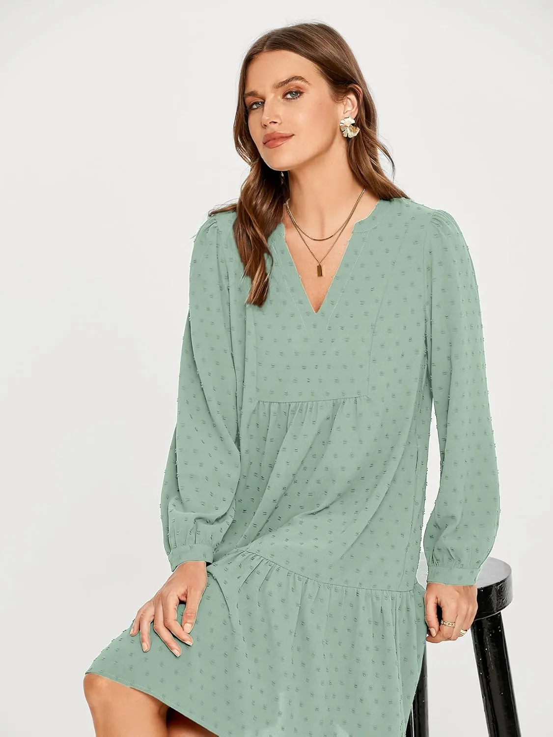 Simplee Women V Neck Long Sleeve Swiss Dot Dress Flowy Mini Dress Shift Dress