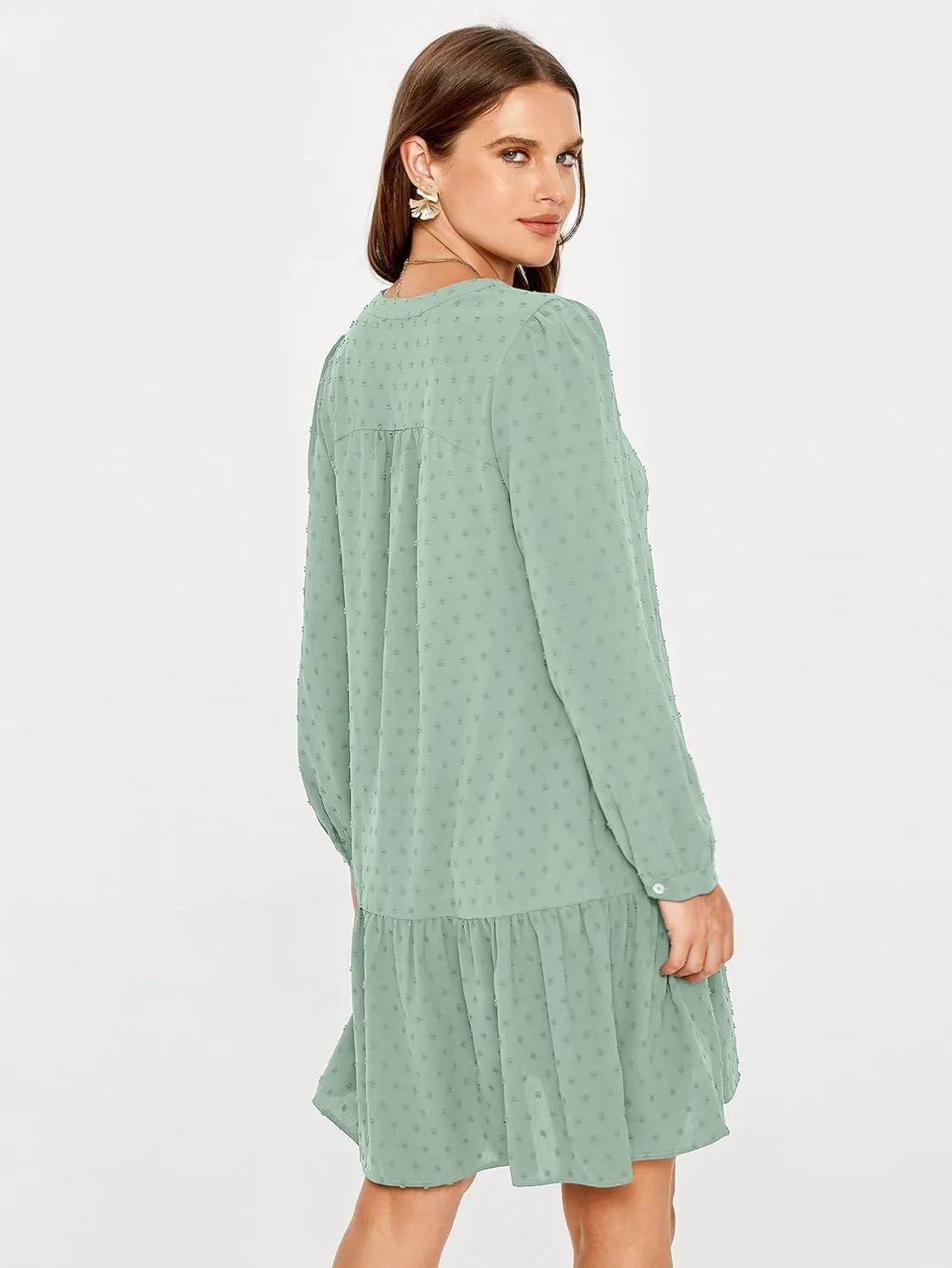 Simplee Women V Neck Long Sleeve Swiss Dot Dress Flowy Mini Dress Shift Dress