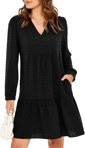 Simplee Women V Neck Long Sleeve Swiss Dot Dress Flowy Mini Dress Shift Dress