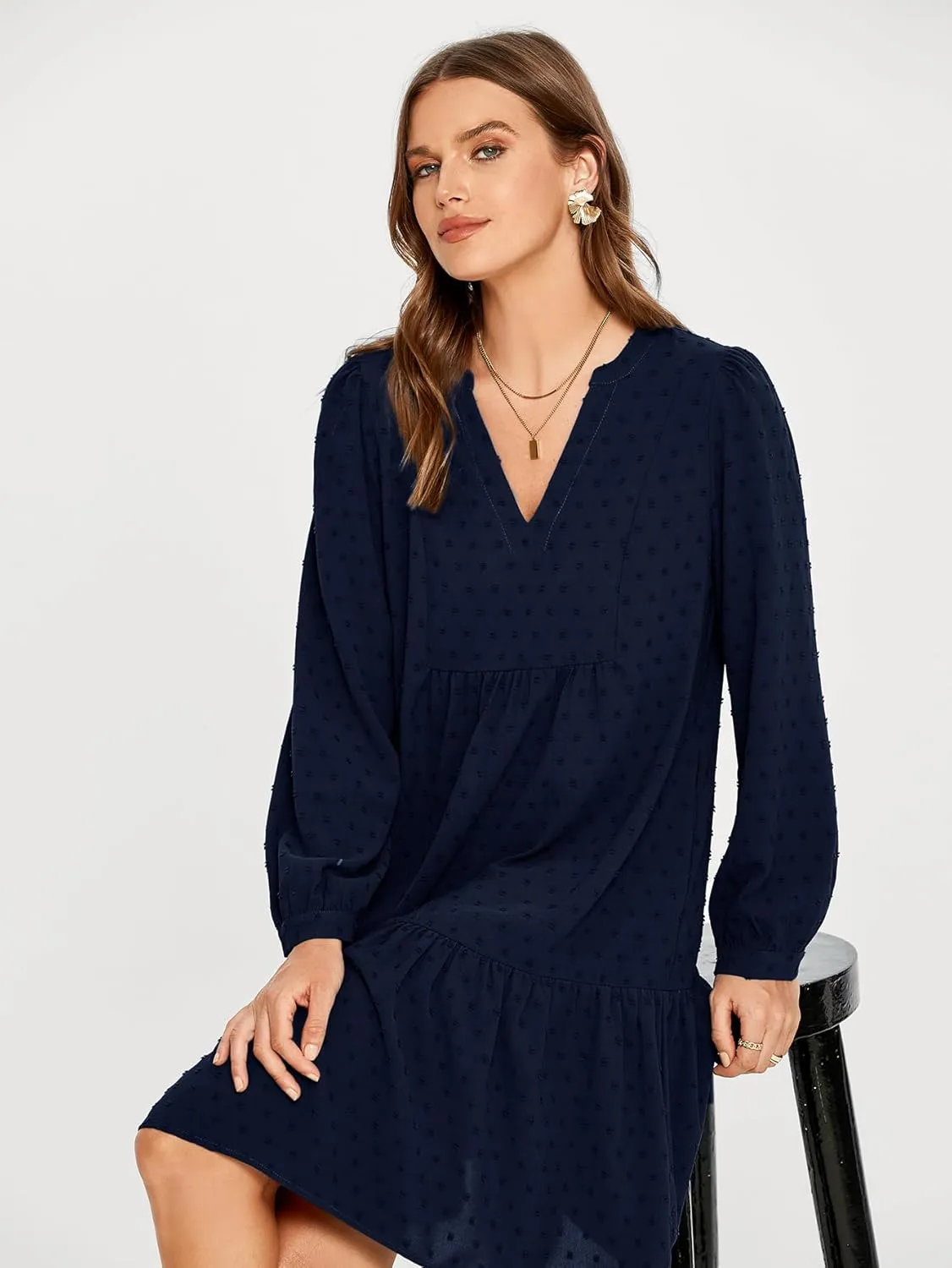 Simplee Women V Neck Long Sleeve Swiss Dot Dress Flowy Mini Dress Shift Dress