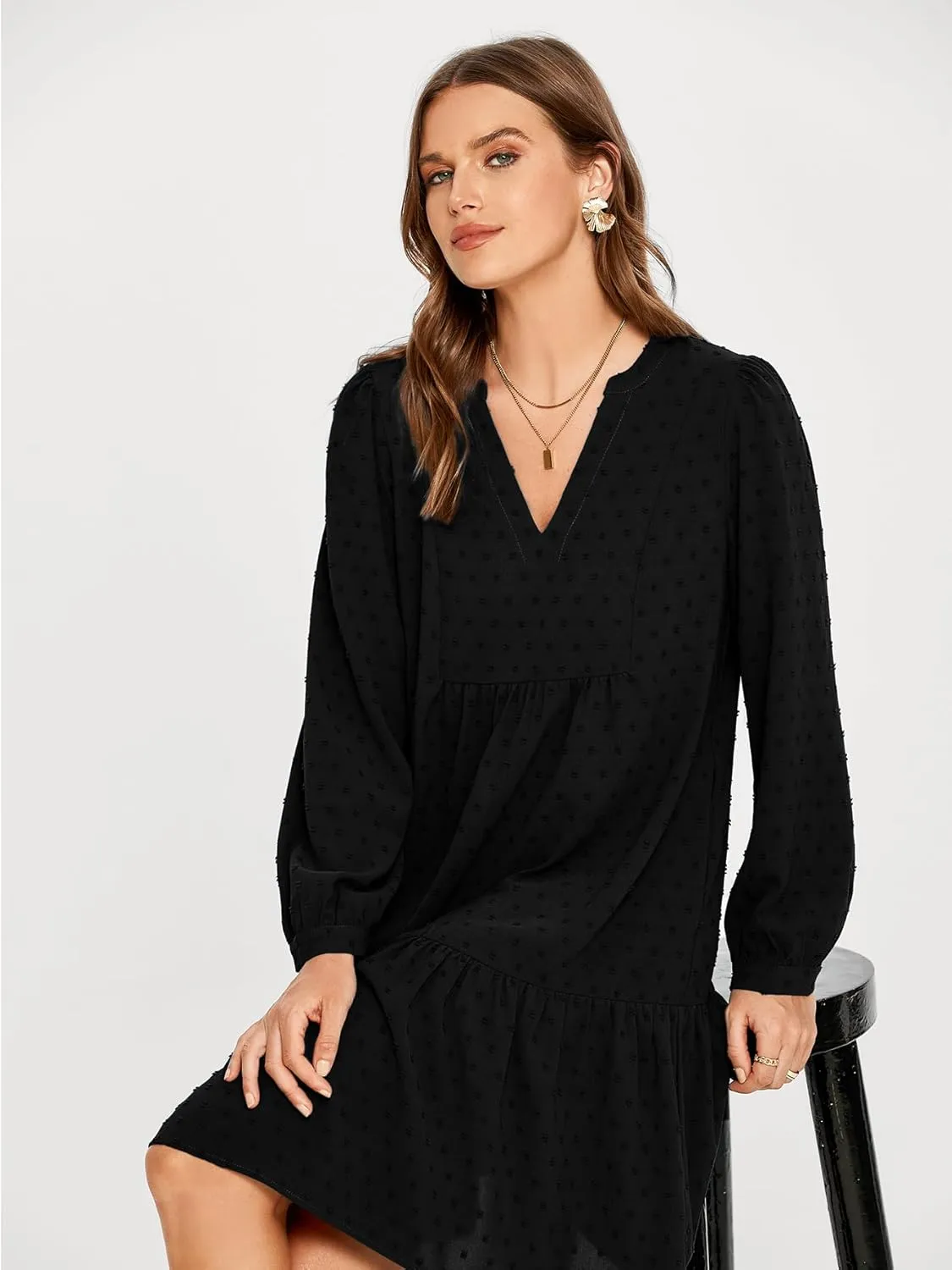 Simplee Women V Neck Long Sleeve Swiss Dot Dress Flowy Mini Dress Shift Dress