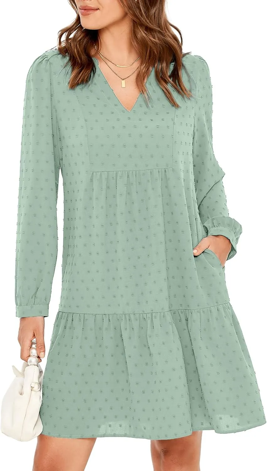 Simplee Women V Neck Long Sleeve Swiss Dot Dress Flowy Mini Dress Shift Dress