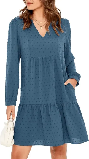 Simplee Women V Neck Long Sleeve Swiss Dot Dress Flowy Mini Dress Shift Dress