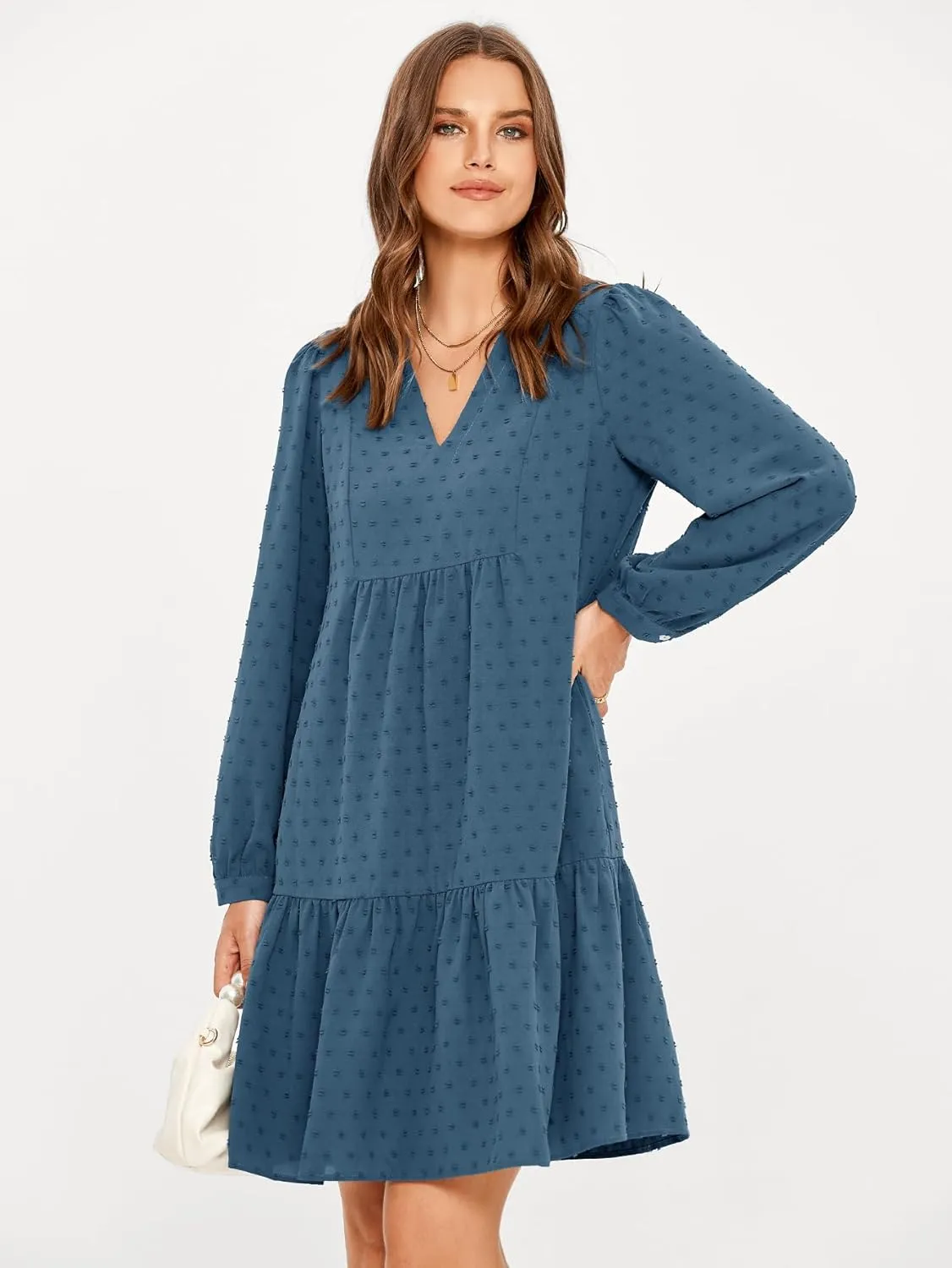 Simplee Women V Neck Long Sleeve Swiss Dot Dress Flowy Mini Dress Shift Dress