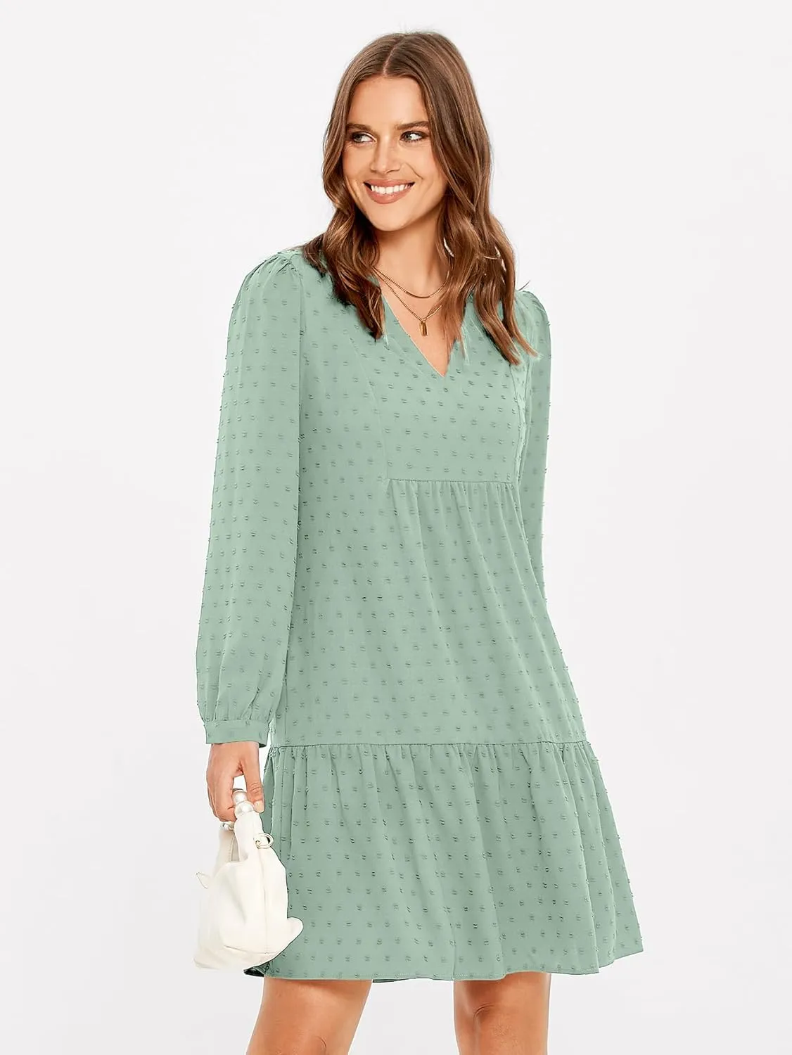 Simplee Women V Neck Long Sleeve Swiss Dot Dress Flowy Mini Dress Shift Dress