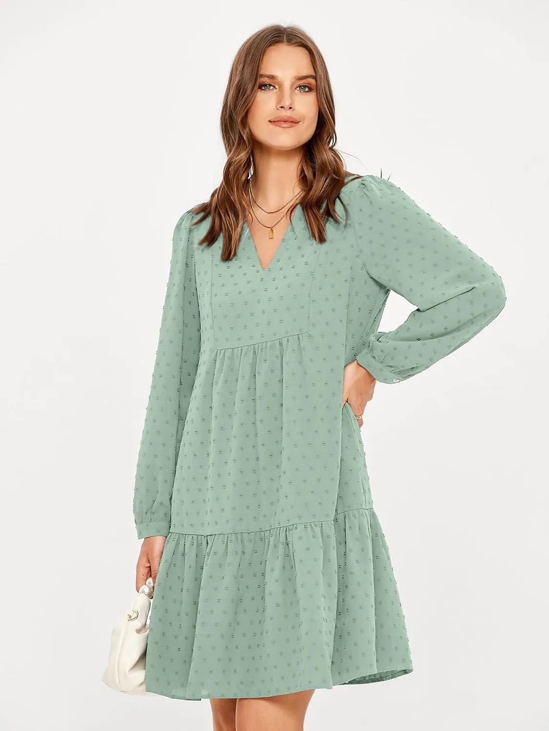 Simplee Women V Neck Long Sleeve Swiss Dot Dress Flowy Mini Dress Shift Dress