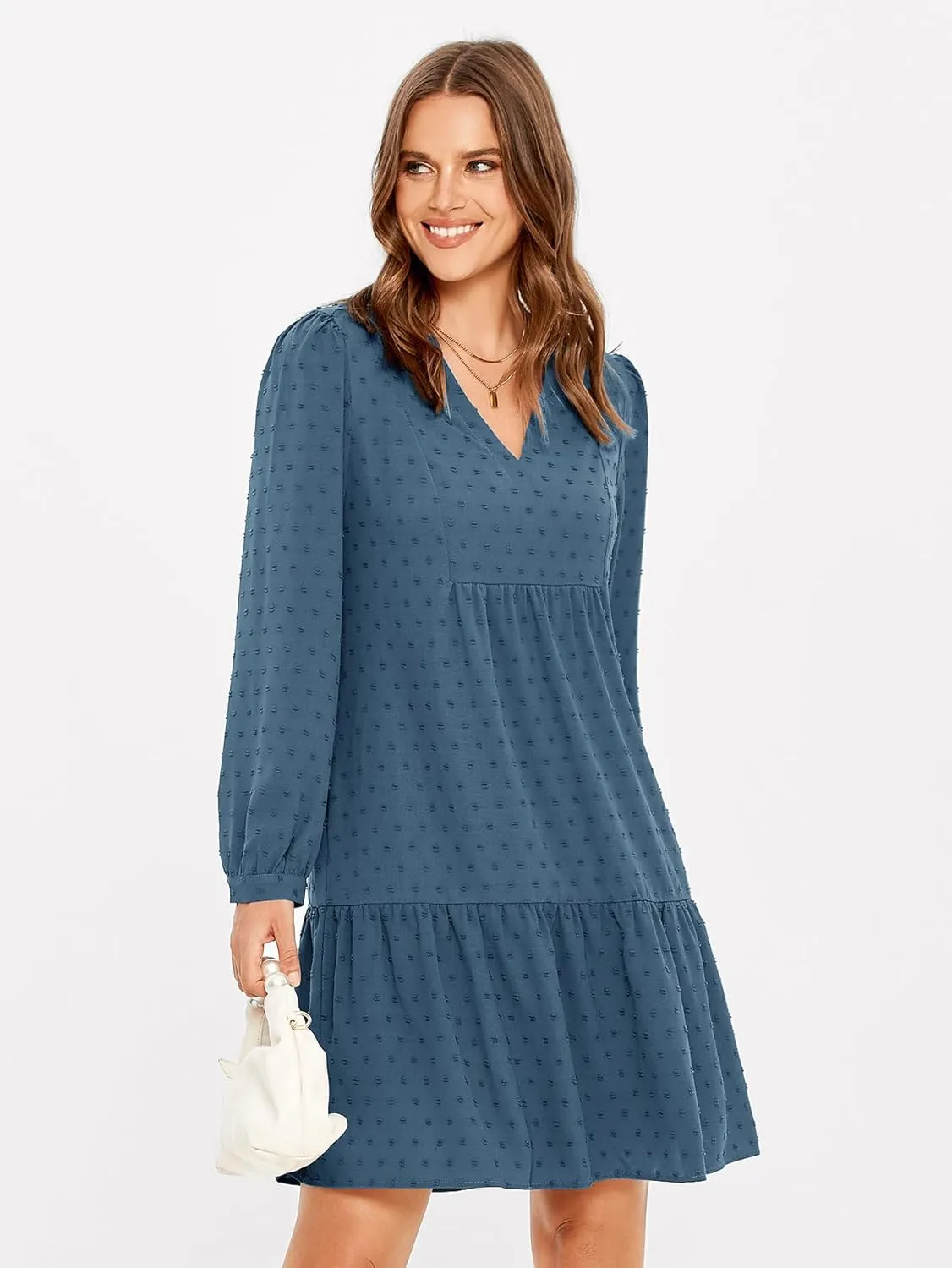 Simplee Women V Neck Long Sleeve Swiss Dot Dress Flowy Mini Dress Shift Dress