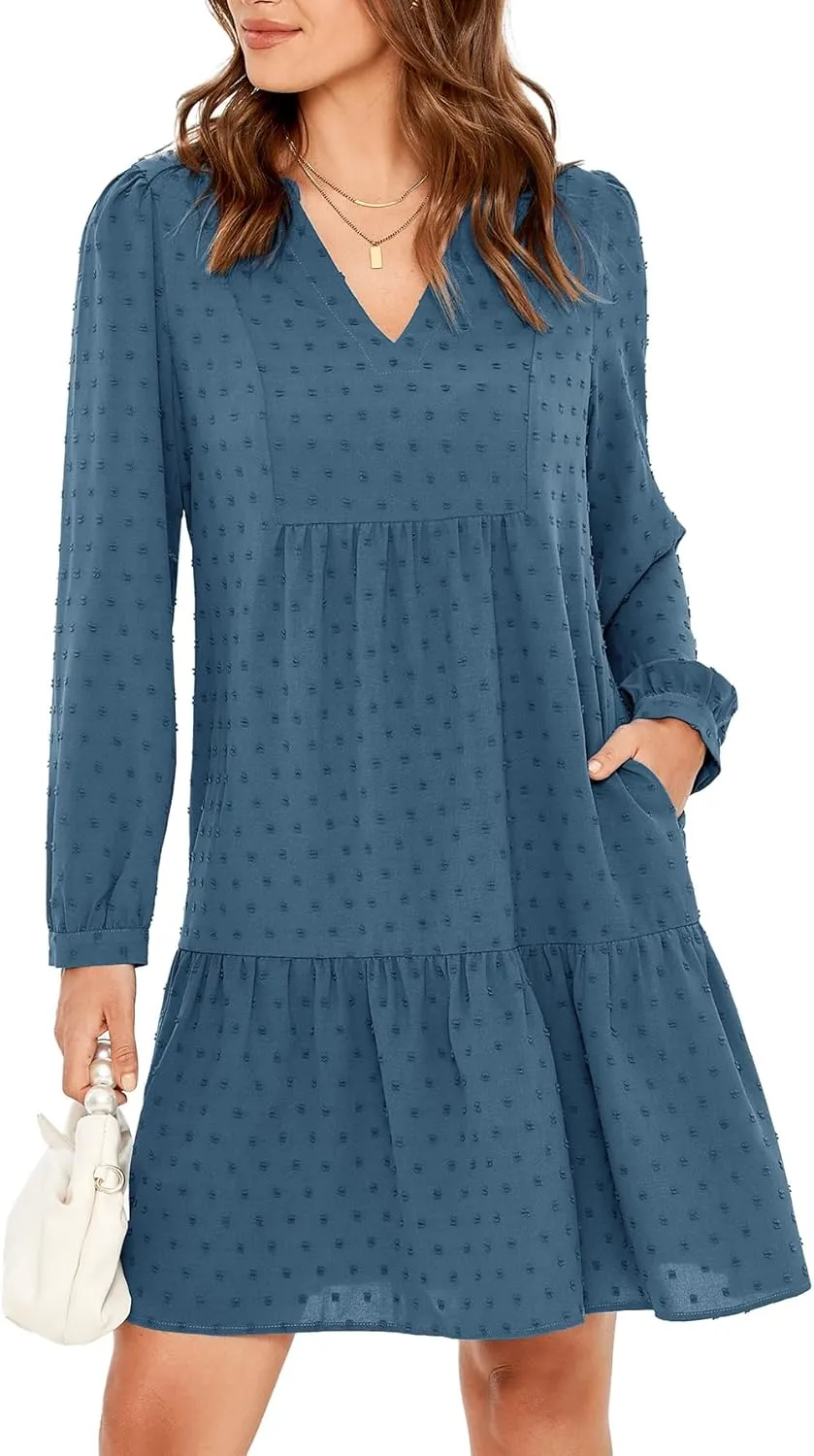 Simplee Women V Neck Long Sleeve Swiss Dot Dress Flowy Mini Dress Shift Dress