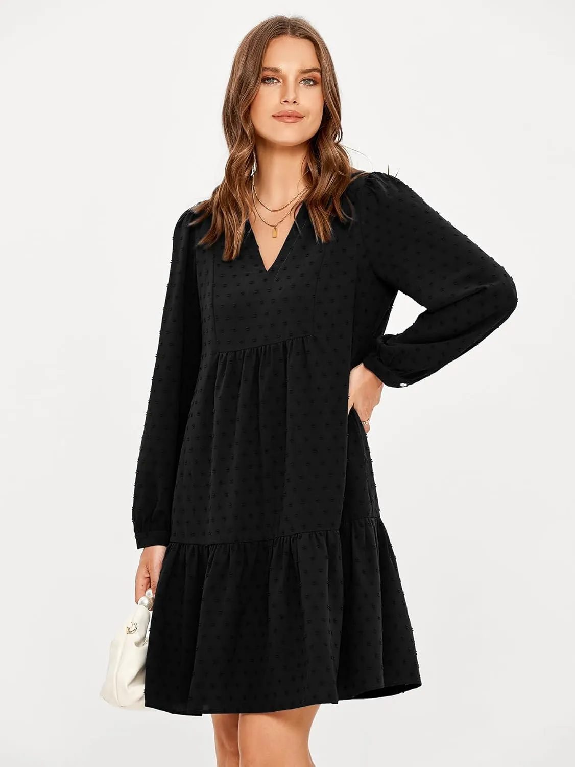 Simplee Women V Neck Long Sleeve Swiss Dot Dress Flowy Mini Dress Shift Dress