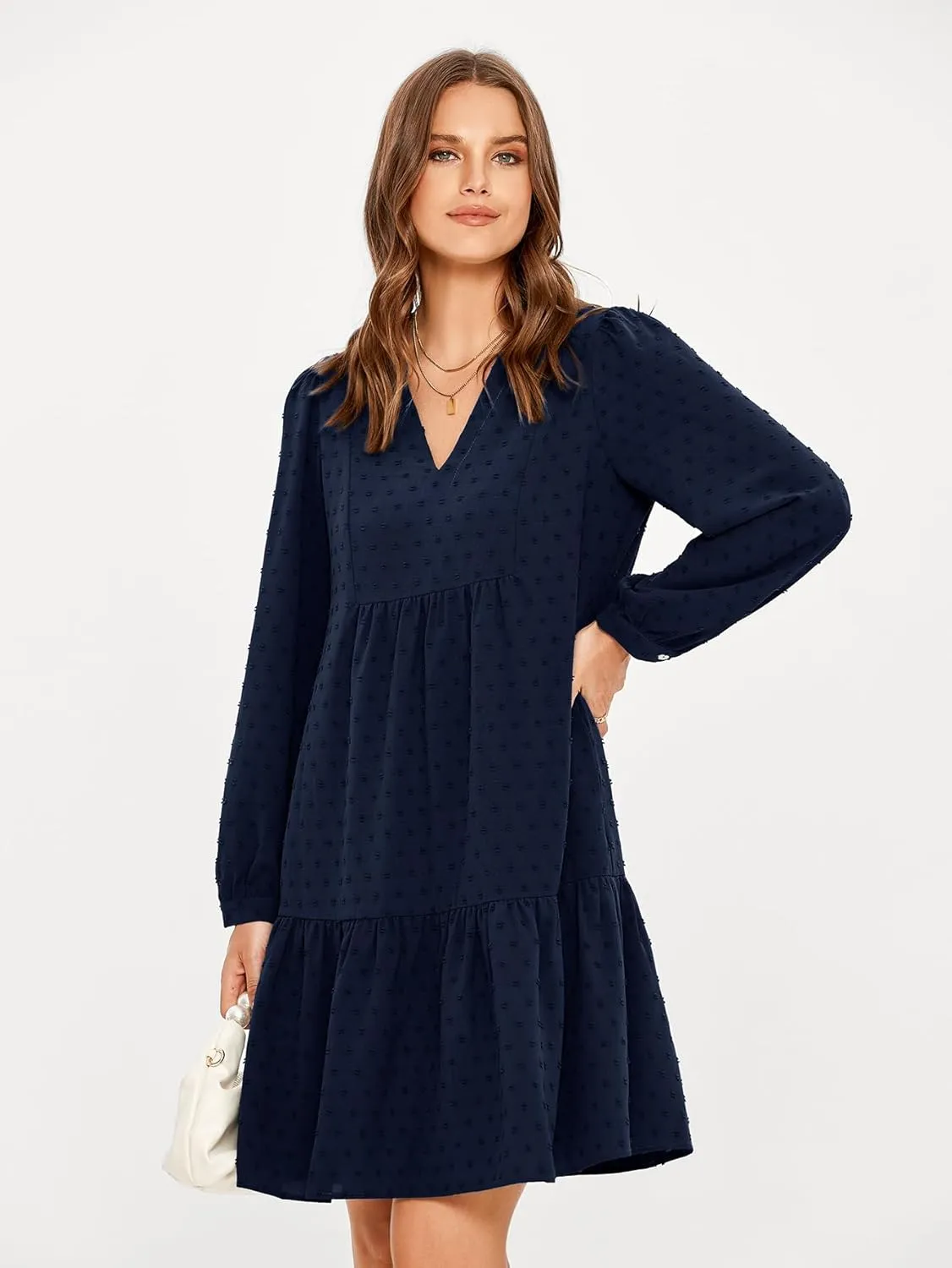 Simplee Women V Neck Long Sleeve Swiss Dot Dress Flowy Mini Dress Shift Dress