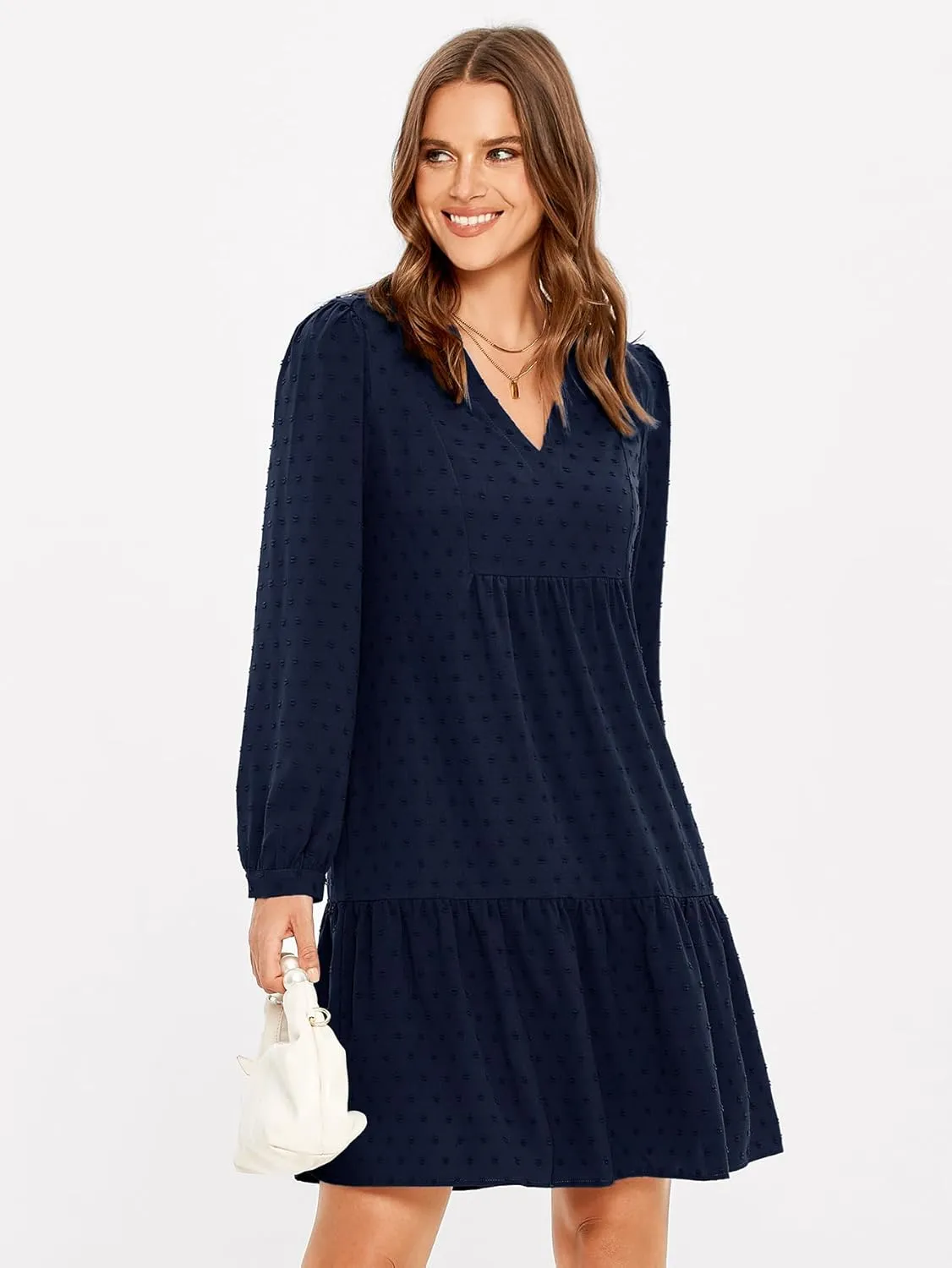 Simplee Women V Neck Long Sleeve Swiss Dot Dress Flowy Mini Dress Shift Dress
