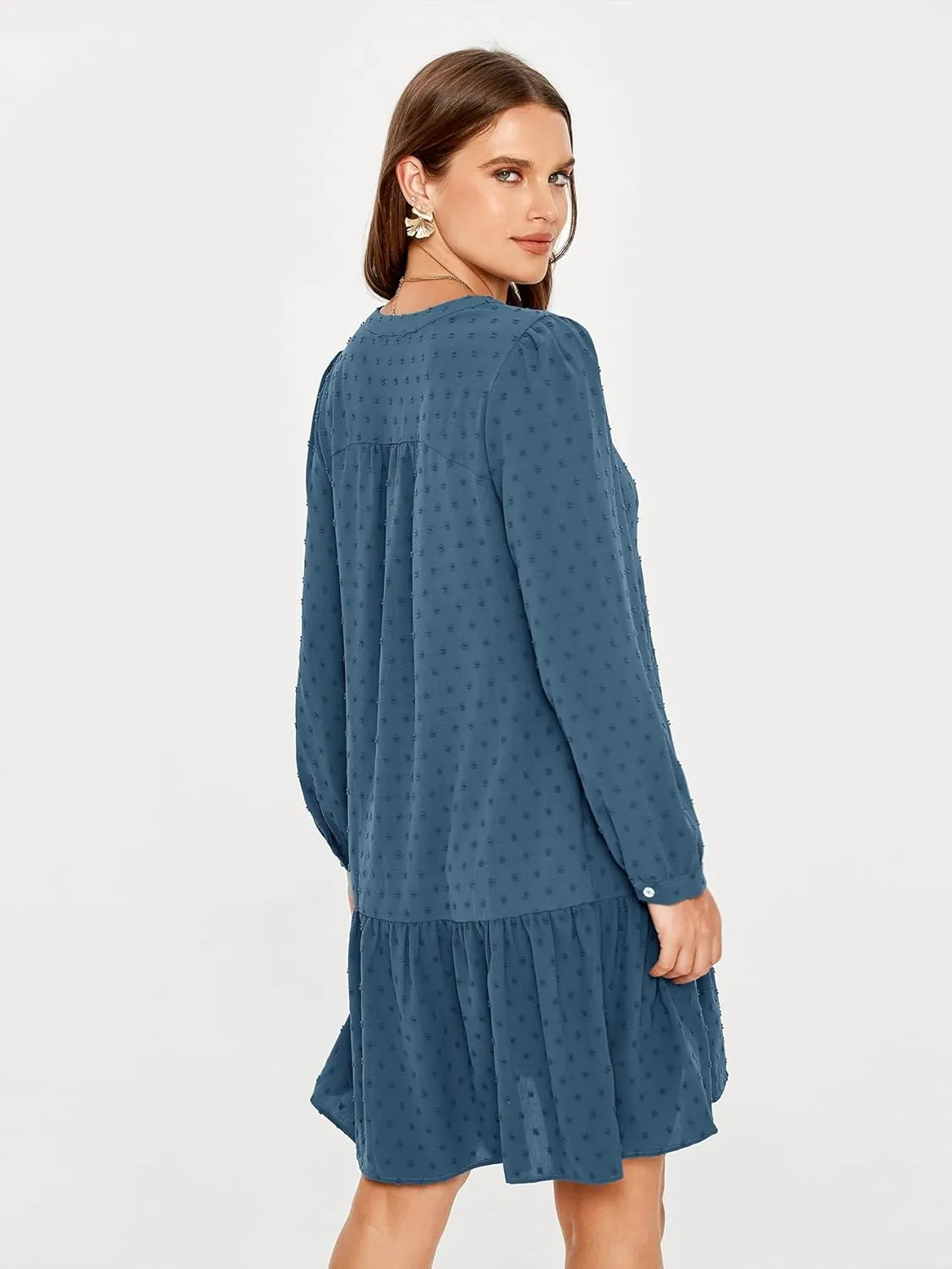 Simplee Women V Neck Long Sleeve Swiss Dot Dress Flowy Mini Dress Shift Dress