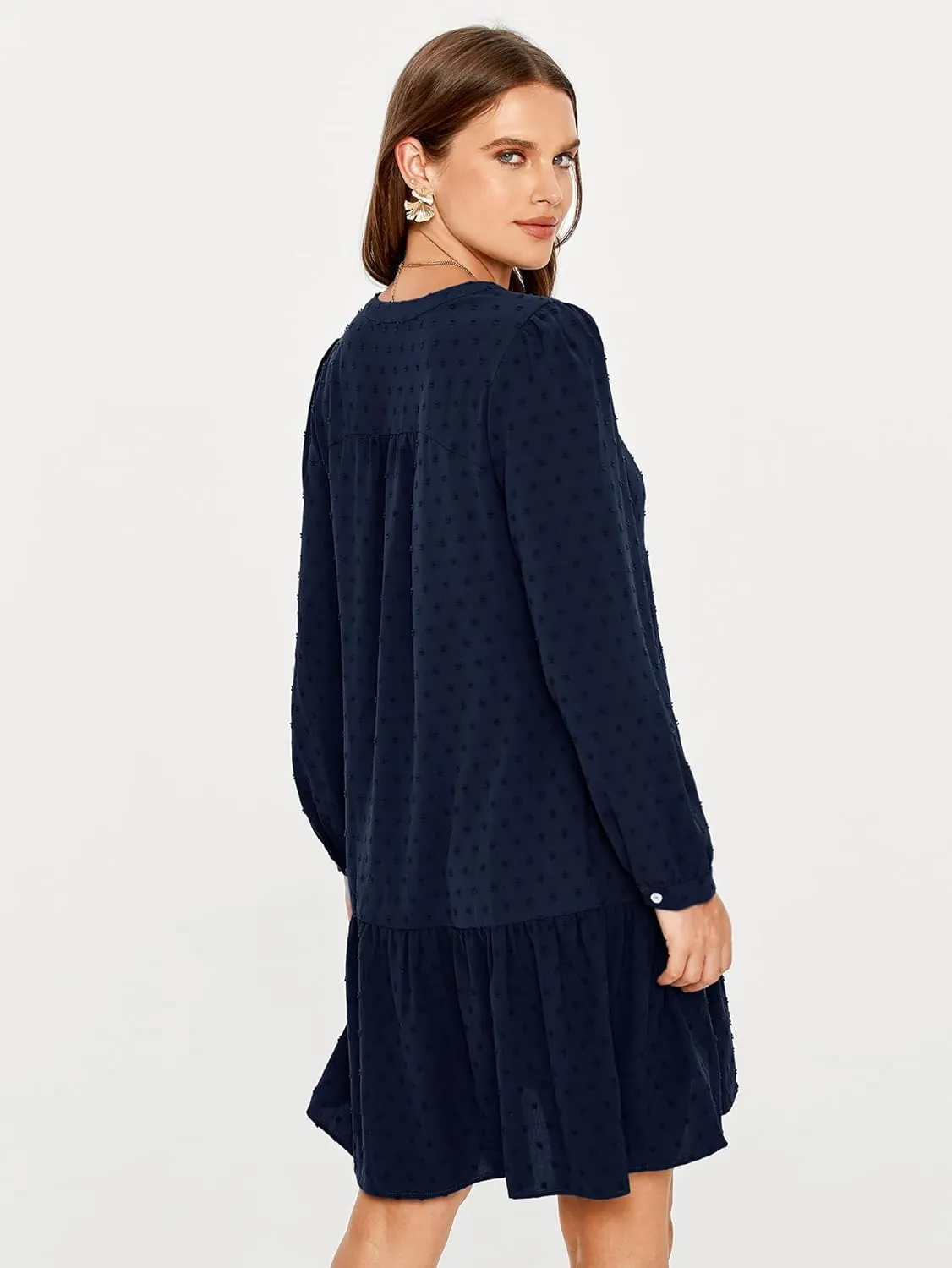 Simplee Women V Neck Long Sleeve Swiss Dot Dress Flowy Mini Dress Shift Dress