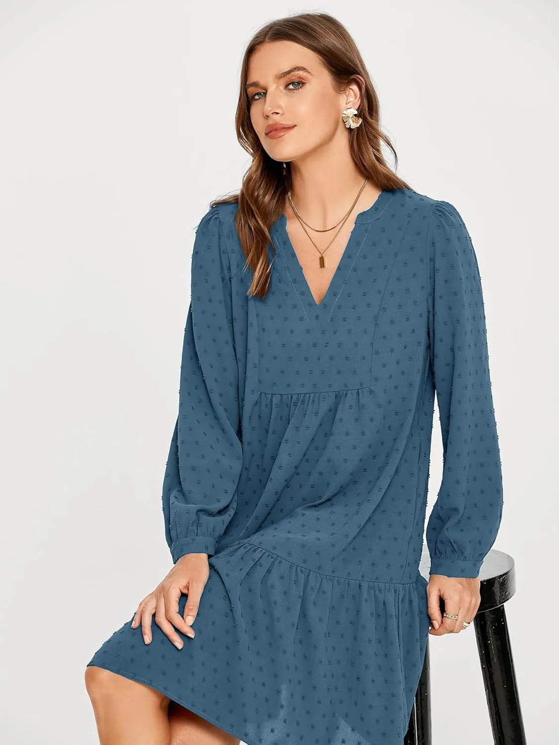Simplee Women V Neck Long Sleeve Swiss Dot Dress Flowy Mini Dress Shift Dress