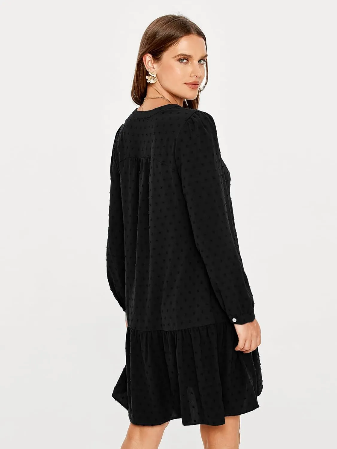Simplee Women V Neck Long Sleeve Swiss Dot Dress Flowy Mini Dress Shift Dress