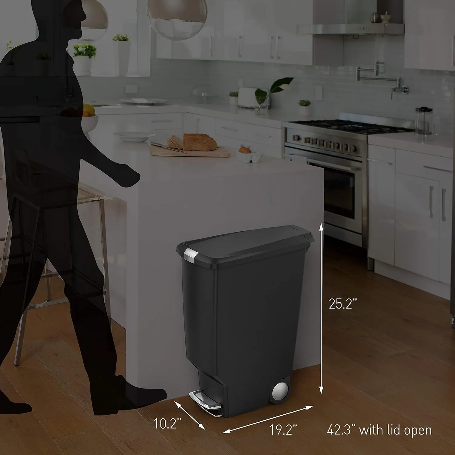simplehuman 40 Liter / 10.6 Gallon Slim Kitchen Step Trash Can With Secure Slide Lock, Grey Plastic