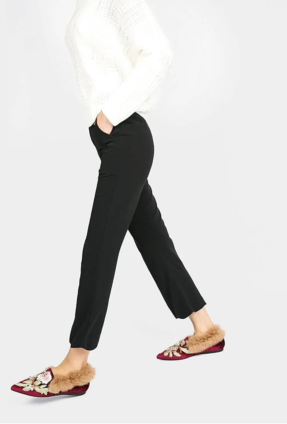 Slip On Loafers, Womens Embroidery Mule Shoes with Plush Lamb Fur Velvet Backless Pointed Toe Mule Slide
