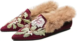 Slip On Loafers, Womens Embroidery Mule Shoes with Plush Lamb Fur Velvet Backless Pointed Toe Mule Slide