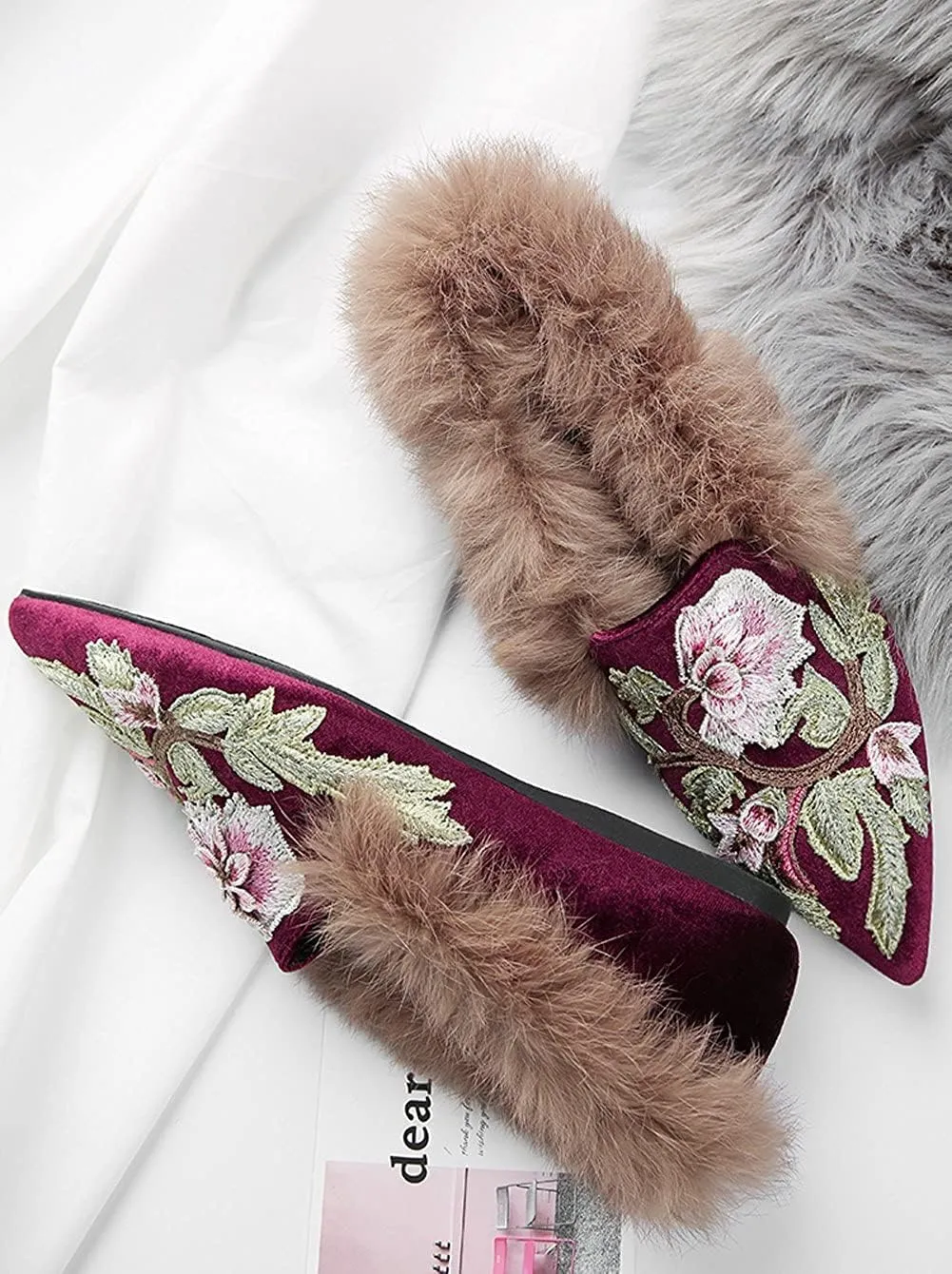 Slip On Loafers, Womens Embroidery Mule Shoes with Plush Lamb Fur Velvet Backless Pointed Toe Mule Slide