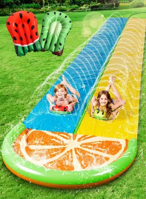 Sloosh Water Slides with 2 Inflatable Boards,22.5ft Double Lane Lawn Water Splash Slip and Slide with Advanced Sprinklers Summer Toy for Kids Adults Fun Backyard Summer Outdoor, Orange