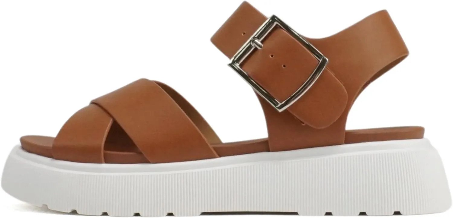 Soda “Carter” ~ Women Open Round Toe Crisscross Upper Lug Sole Platform Sandal with Adjustable Ankle Strap