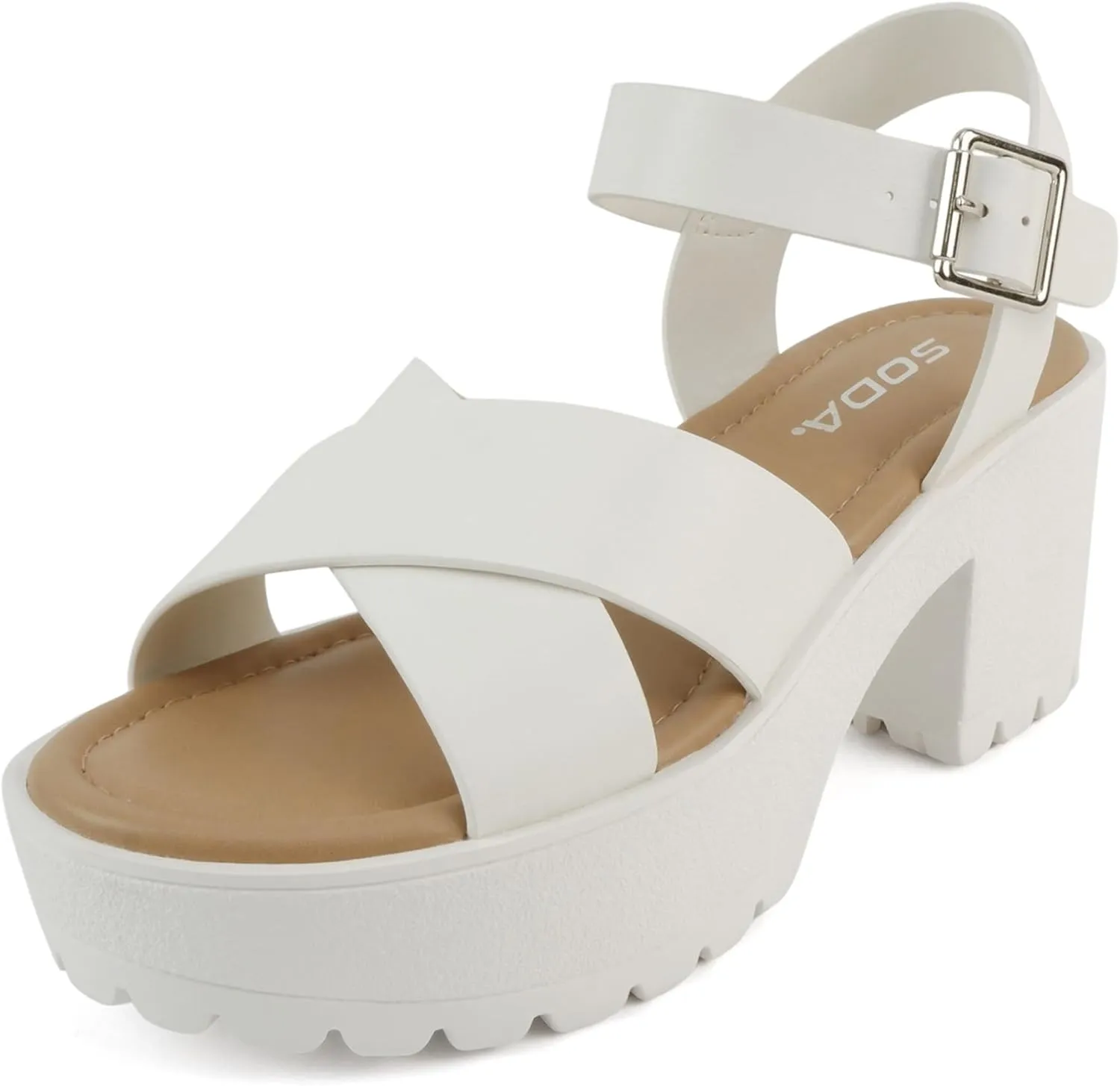 Soda “Joey” ~ Women Open Toe Criss Cross Strap Mid Heel Sandal with Adjustable Ankle Strap