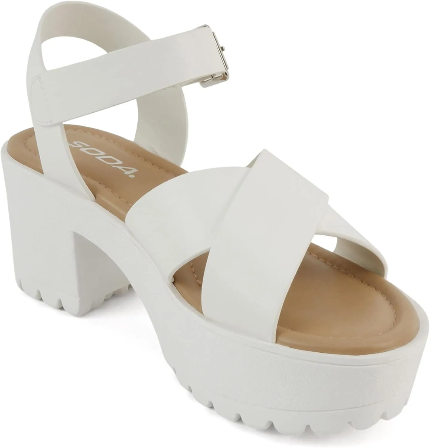 Soda “Joey” ~ Women Open Toe Criss Cross Strap Mid Heel Sandal with Adjustable Ankle Strap