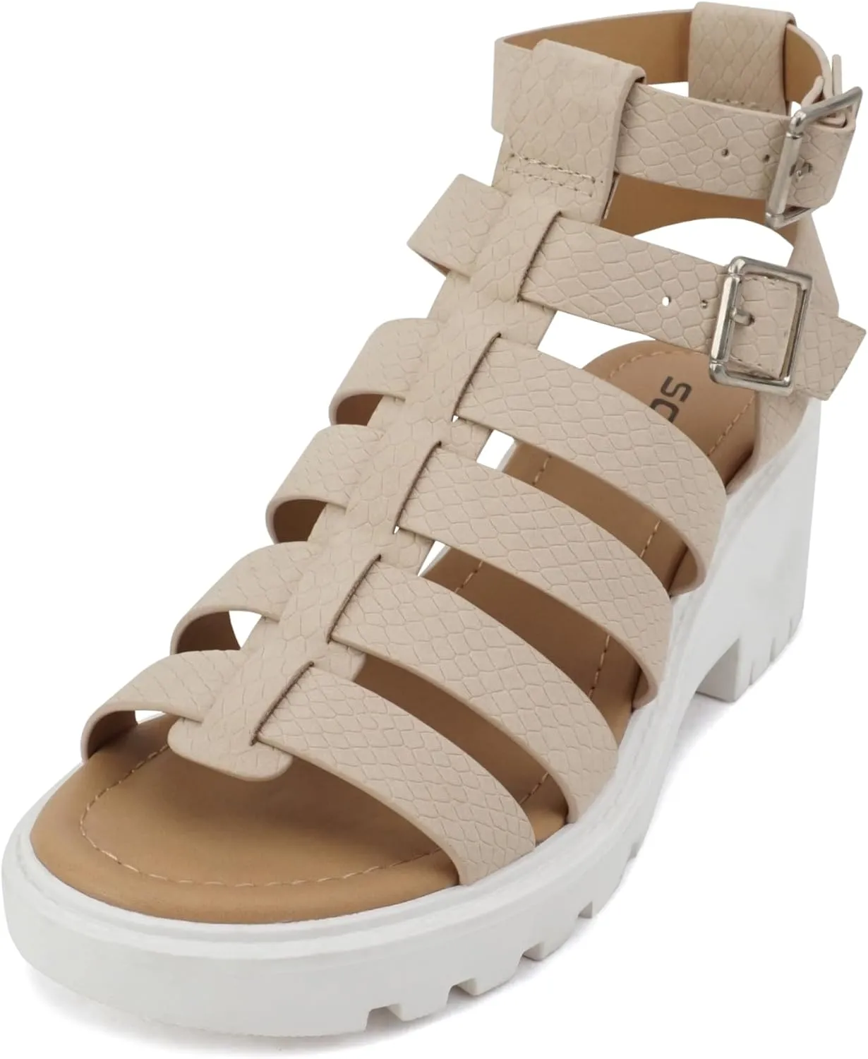 Soda “Rebirth” ~ Women Open Toe Fisherman Multi Strap Buckle Lug Sole Low Block Heeled Sandals