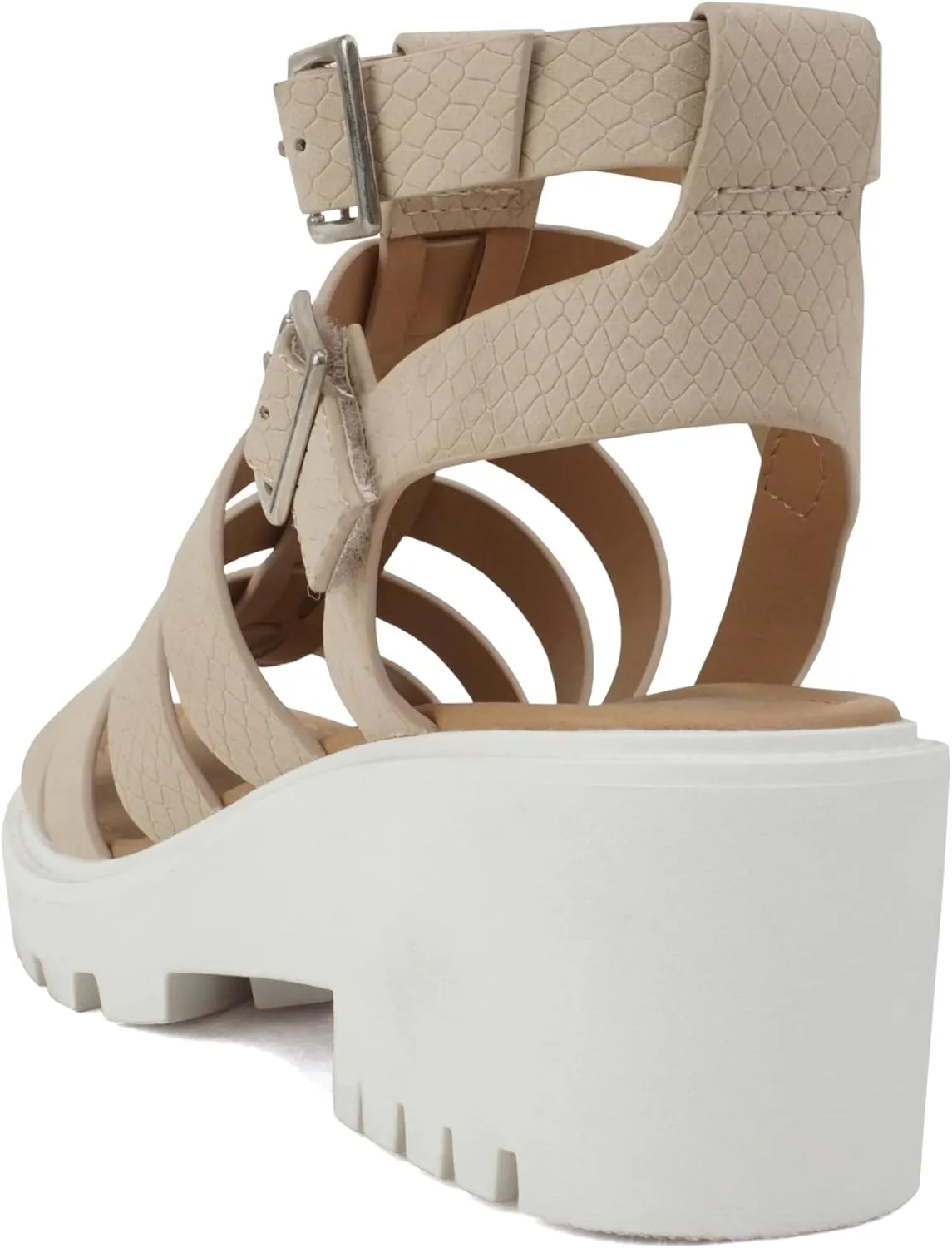 Soda “Rebirth” ~ Women Open Toe Fisherman Multi Strap Buckle Lug Sole Low Block Heeled Sandals