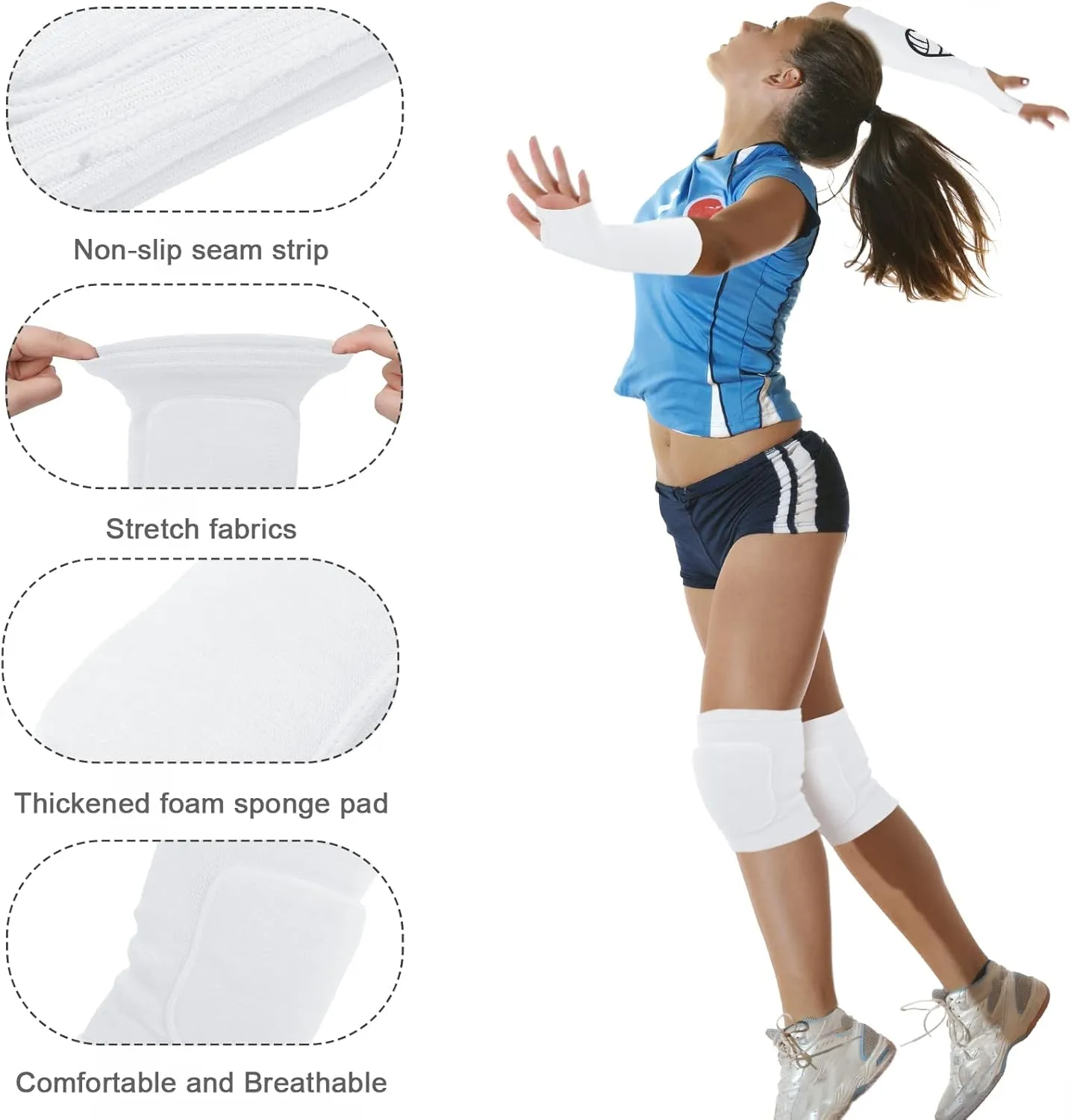 Sosation 2 Set Volleyball Knee Pads and Volleyball Arm Sleeves with Protection Pad Compression Forearm Wrist Guard with Thumb Hole Soft Breathable for Hitting Passing