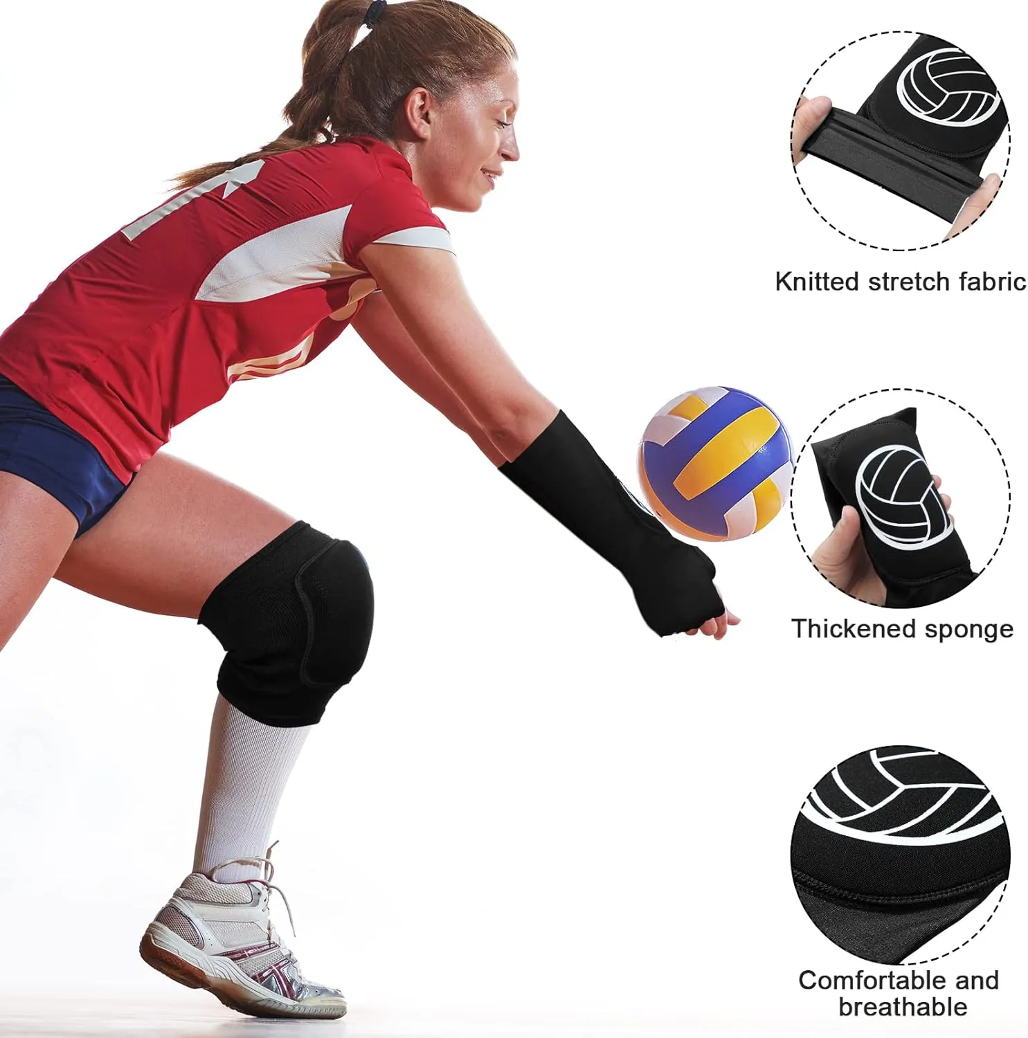Sosation 2 Set Volleyball Knee Pads and Volleyball Arm Sleeves with Protection Pad Compression Forearm Wrist Guard with Thumb Hole Soft Breathable for Hitting Passing