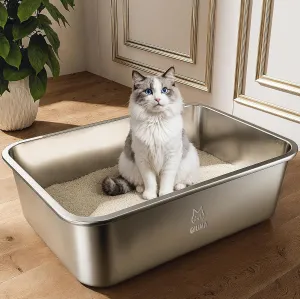 Stainless Steel Litter Box with Handle, Large Metal Cat Litter Box with High Sided for Big and Small Cats, Kitty Litter Boxes, Non-Stick, Easy to Clean, Odor-Free, Small Cat Toilet