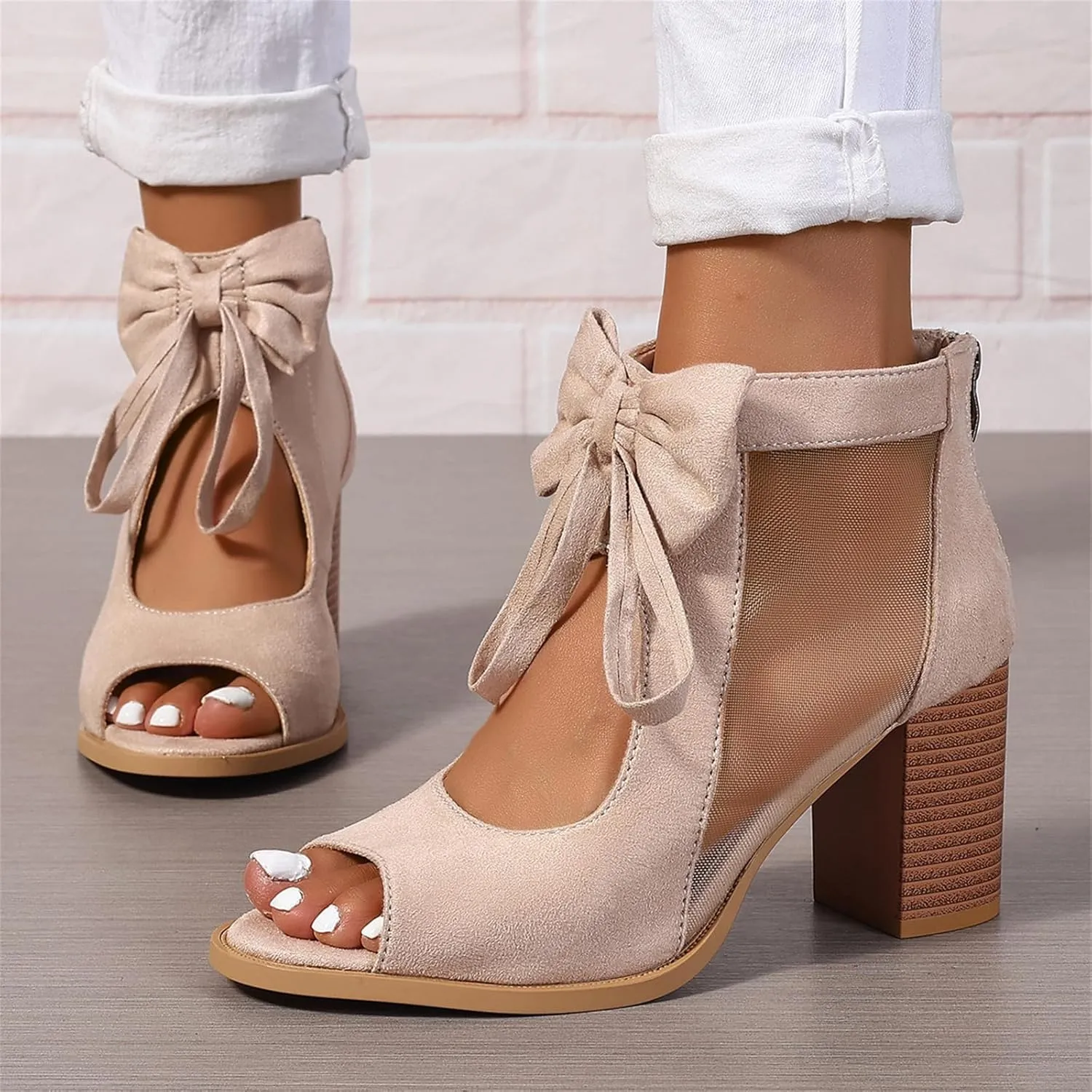 Summer Sandals for Women 2025 Ankle Strap Chunky High Heel Sandals Fashion Bow Fish Mouth Open Toe Sandal Breathable Backless Slingback Dress Shoes Comfortable Dress Booties