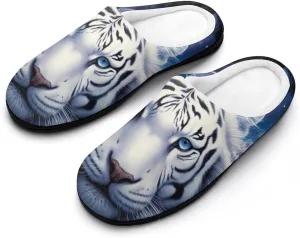 Tiger in Moonlight Men's Cotton Slippers Memory Foam House Shoes Non Slip Soles Winter Slippers