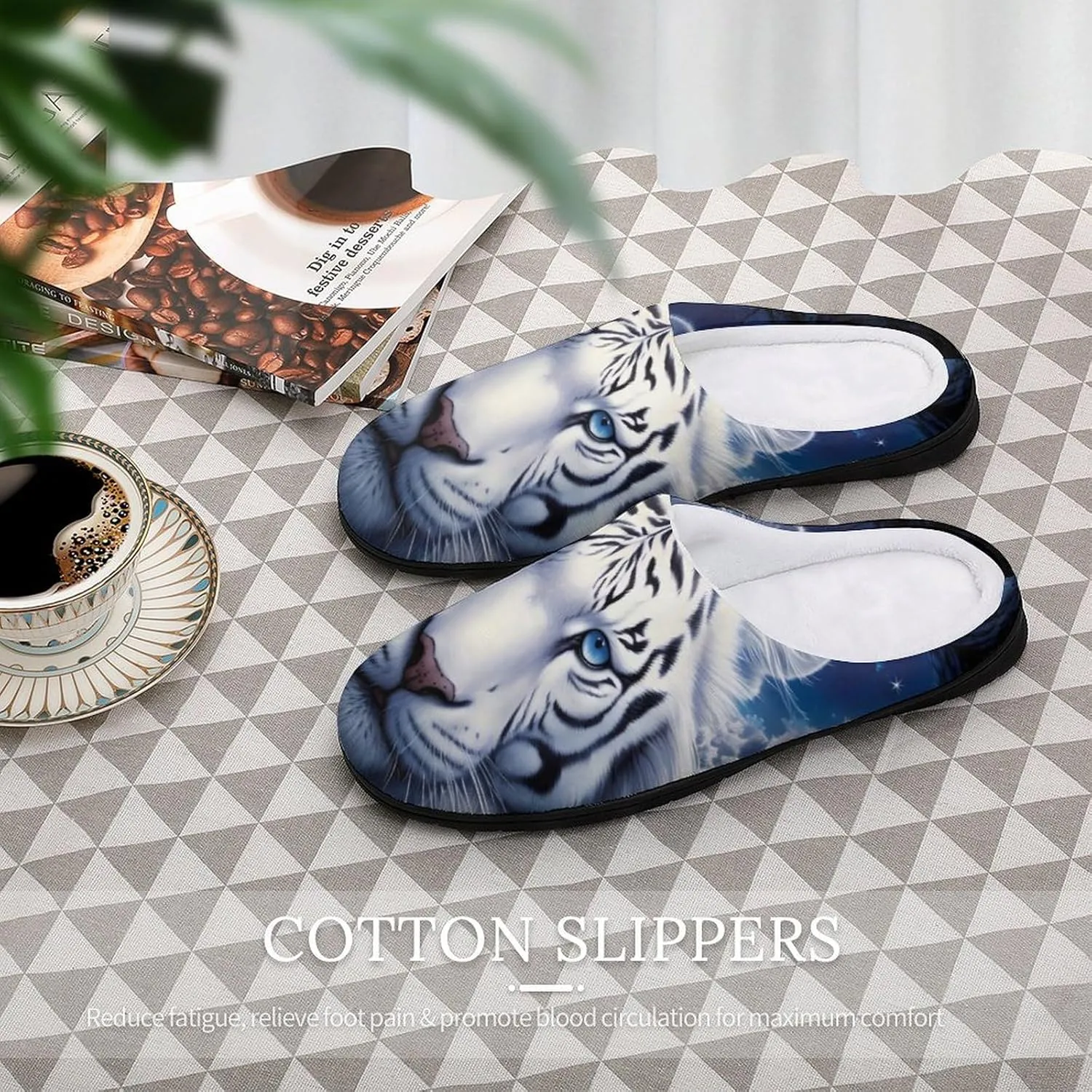 Tiger in Moonlight Men's Cotton Slippers Memory Foam House Shoes Non Slip Soles Winter Slippers