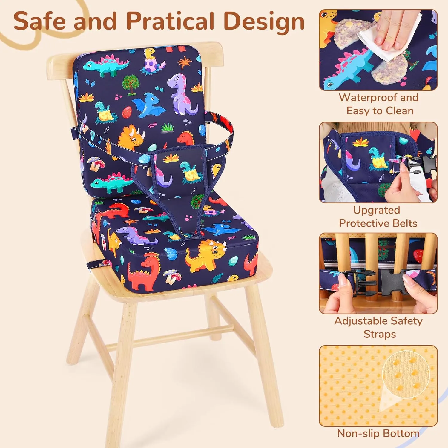 Toddler Booster Seat for Kitchen Chair, Non-Slip Bottom Dining Table Booster Seat with Backrest and Adjustable Straps, Portable Eating Travel Increasing Cushion