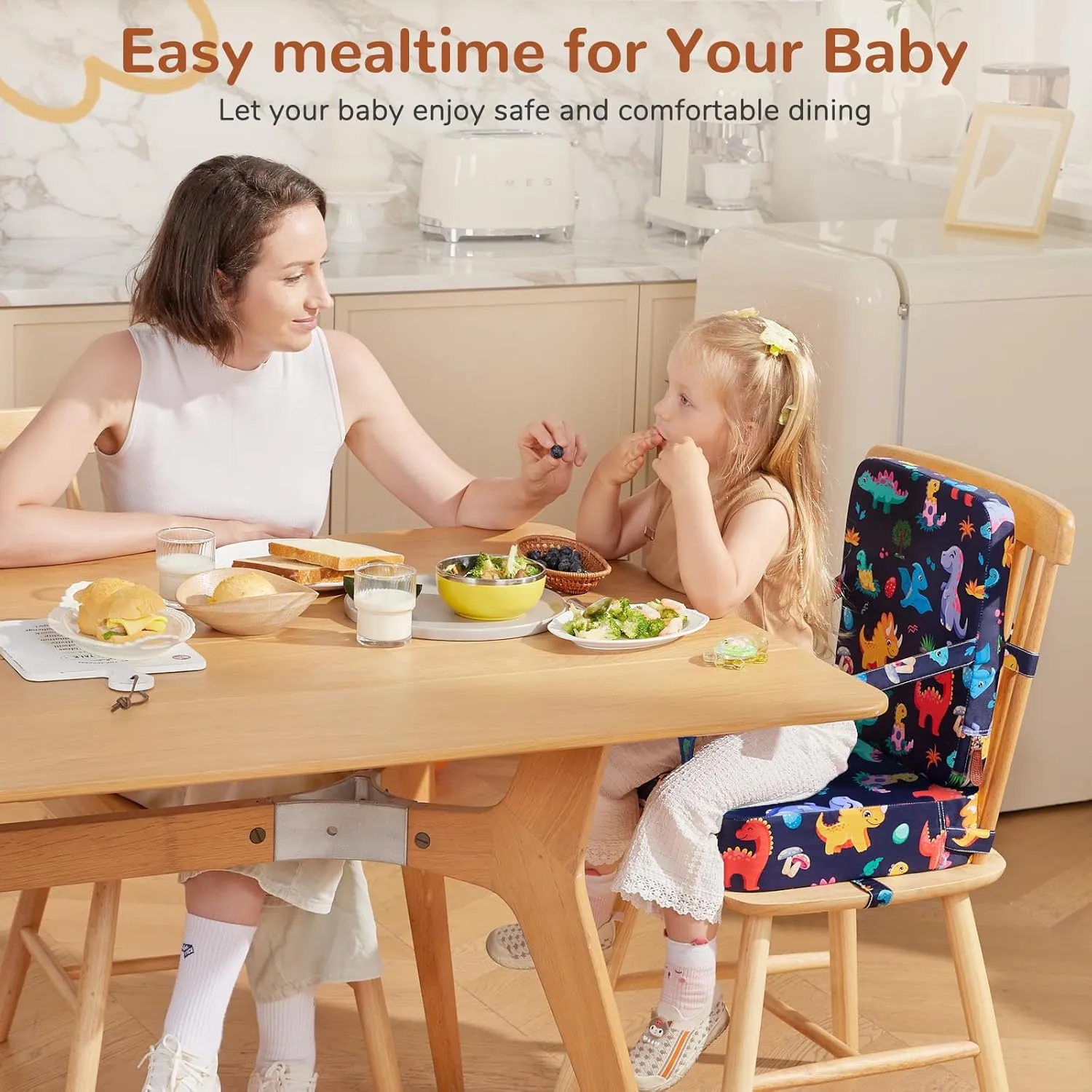 Toddler Booster Seat for Kitchen Chair, Non-Slip Bottom Dining Table Booster Seat with Backrest and Adjustable Straps, Portable Eating Travel Increasing Cushion
