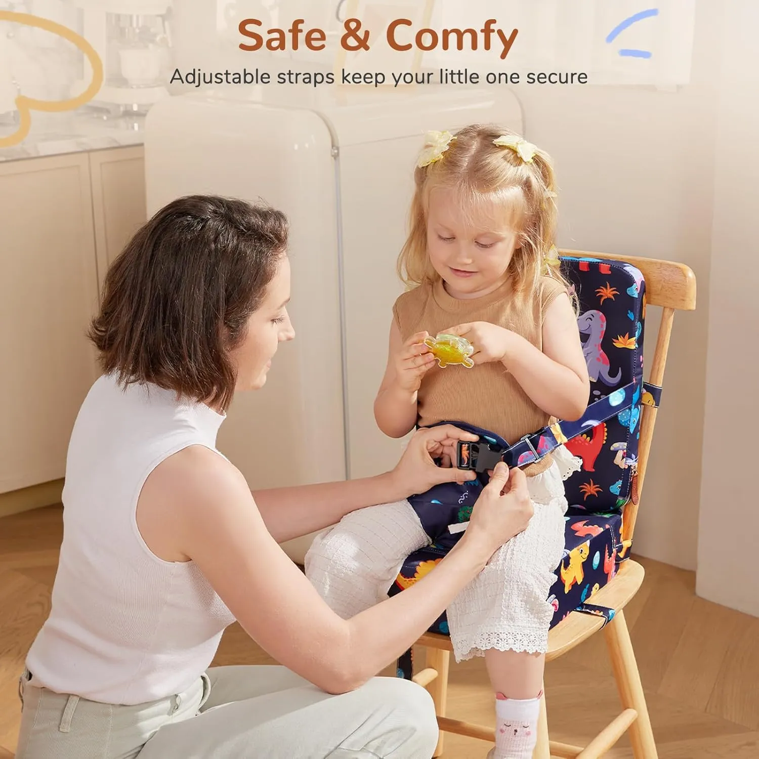 Toddler Booster Seat for Kitchen Chair, Non-Slip Bottom Dining Table Booster Seat with Backrest and Adjustable Straps, Portable Eating Travel Increasing Cushion