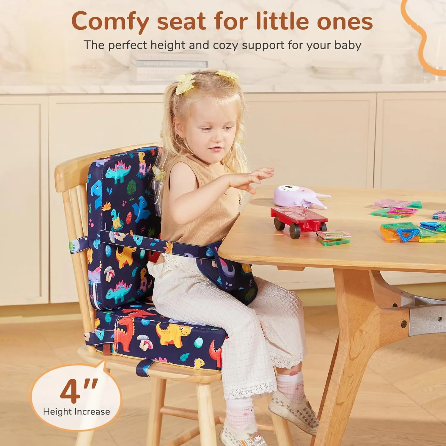 Toddler Booster Seat for Kitchen Chair, Non-Slip Bottom Dining Table Booster Seat with Backrest and Adjustable Straps, Portable Eating Travel Increasing Cushion