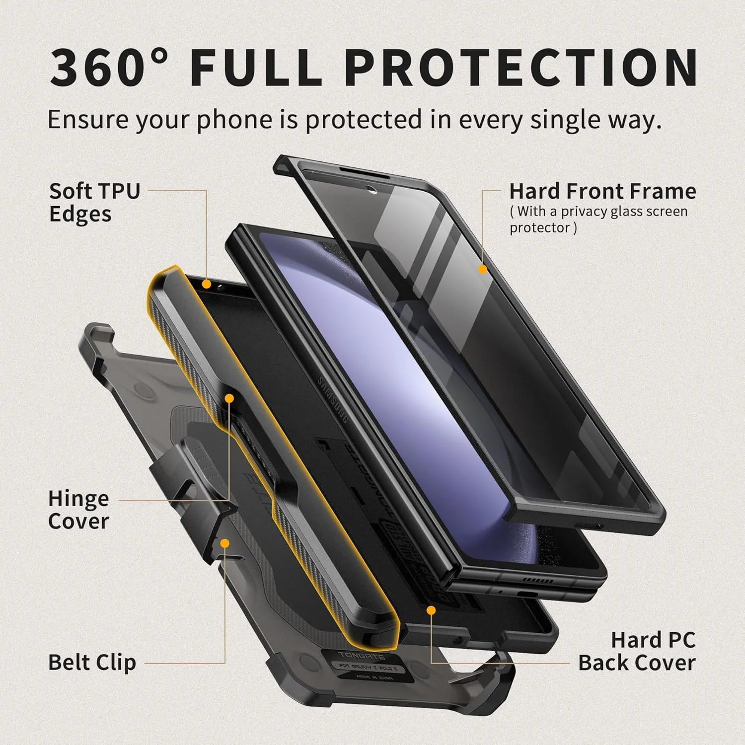 TONGATE for Z Fold 5 Case, [with Privacy Screen Protector & Slide Camera Cover] [S Pen Holder & Hinge Protection] Military Drop Phone Case for Samsung Galaxy Z Fold 5 with Stand & Belt Clip, Black