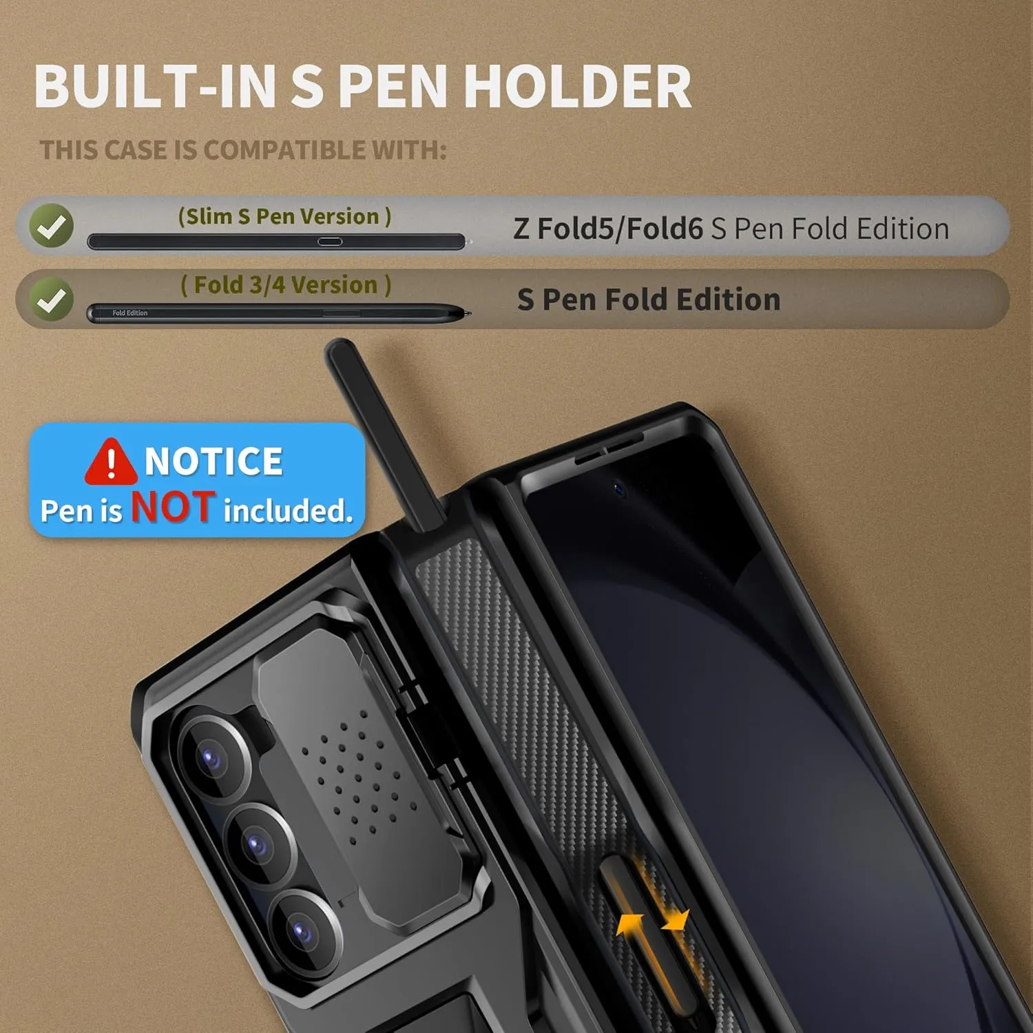 TONGATE for Z Fold 5 Case, [with Privacy Screen Protector & Slide Camera Cover] [S Pen Holder & Hinge Protection] Military Drop Phone Case for Samsung Galaxy Z Fold 5 with Stand & Belt Clip, Black