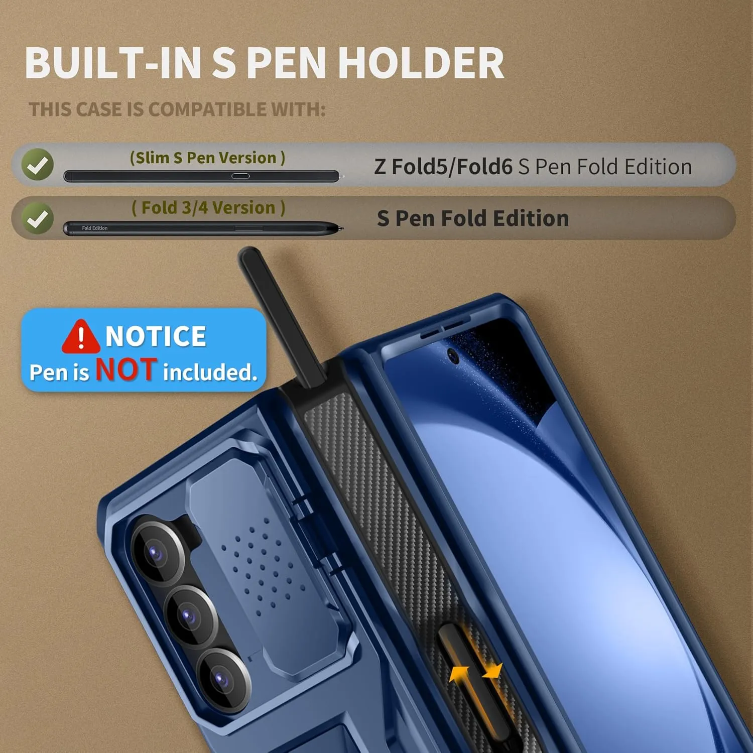 TONGATE for Z Fold 5 Case, [with Privacy Screen Protector & Slide Camera Cover] [S Pen Holder & Hinge Protection] Military Drop Phone Case for Samsung Galaxy Z Fold 5 with Stand & Belt Clip, Blue