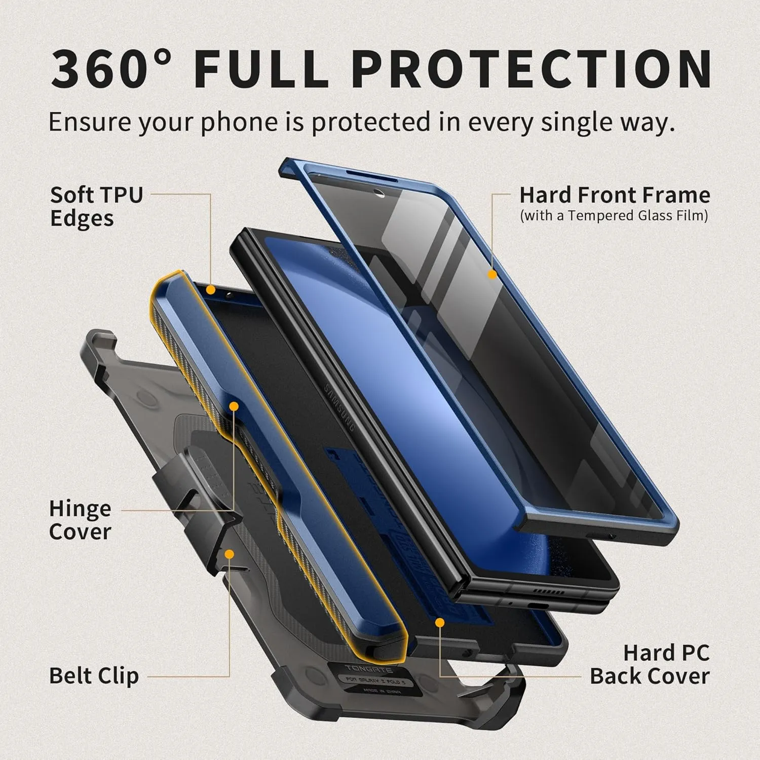 TONGATE for Z Fold 5 Case, [with Privacy Screen Protector & Slide Camera Cover] [S Pen Holder & Hinge Protection] Military Drop Phone Case for Samsung Galaxy Z Fold 5 with Stand & Belt Clip, Blue