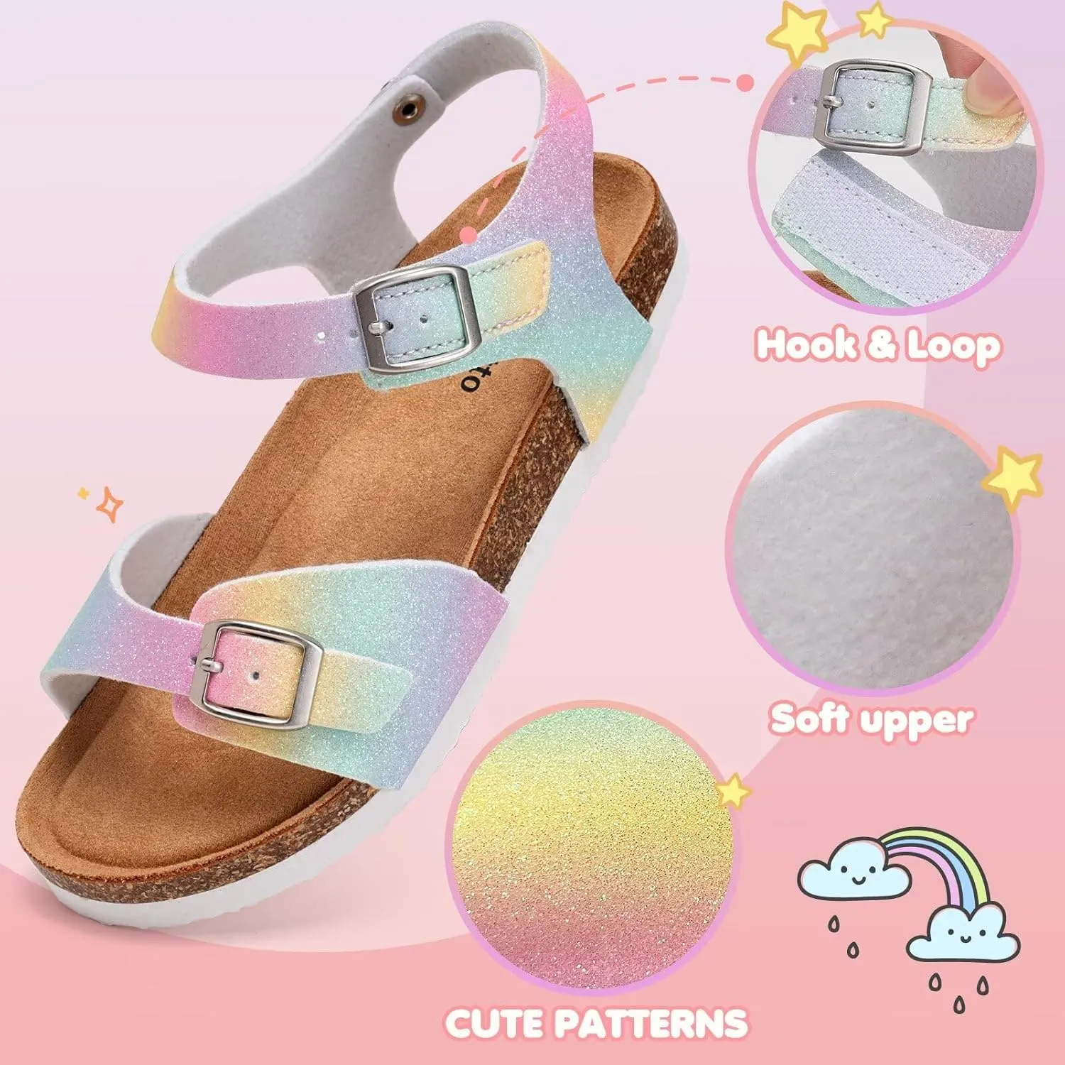 Torotto Toddler Kids Sandals Boys Girls Cork Footbed Sandals with Adjustable Buckle Casual Slides Open Toes Flat