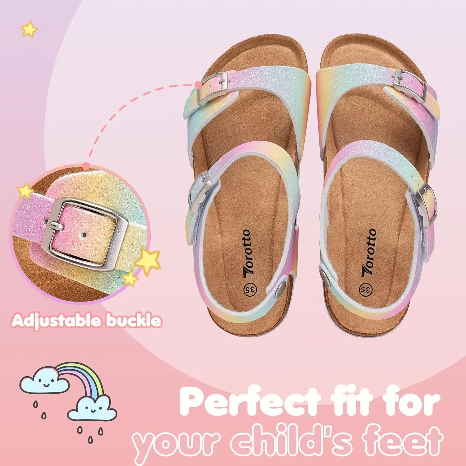 Torotto Toddler Kids Sandals Boys Girls Cork Footbed Sandals with Adjustable Buckle Casual Slides Open Toes Flat