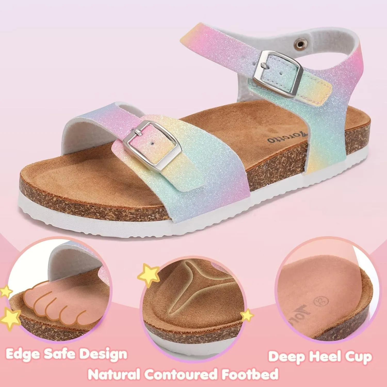 Torotto Toddler Kids Sandals Boys Girls Cork Footbed Sandals with Adjustable Buckle Casual Slides Open Toes Flat