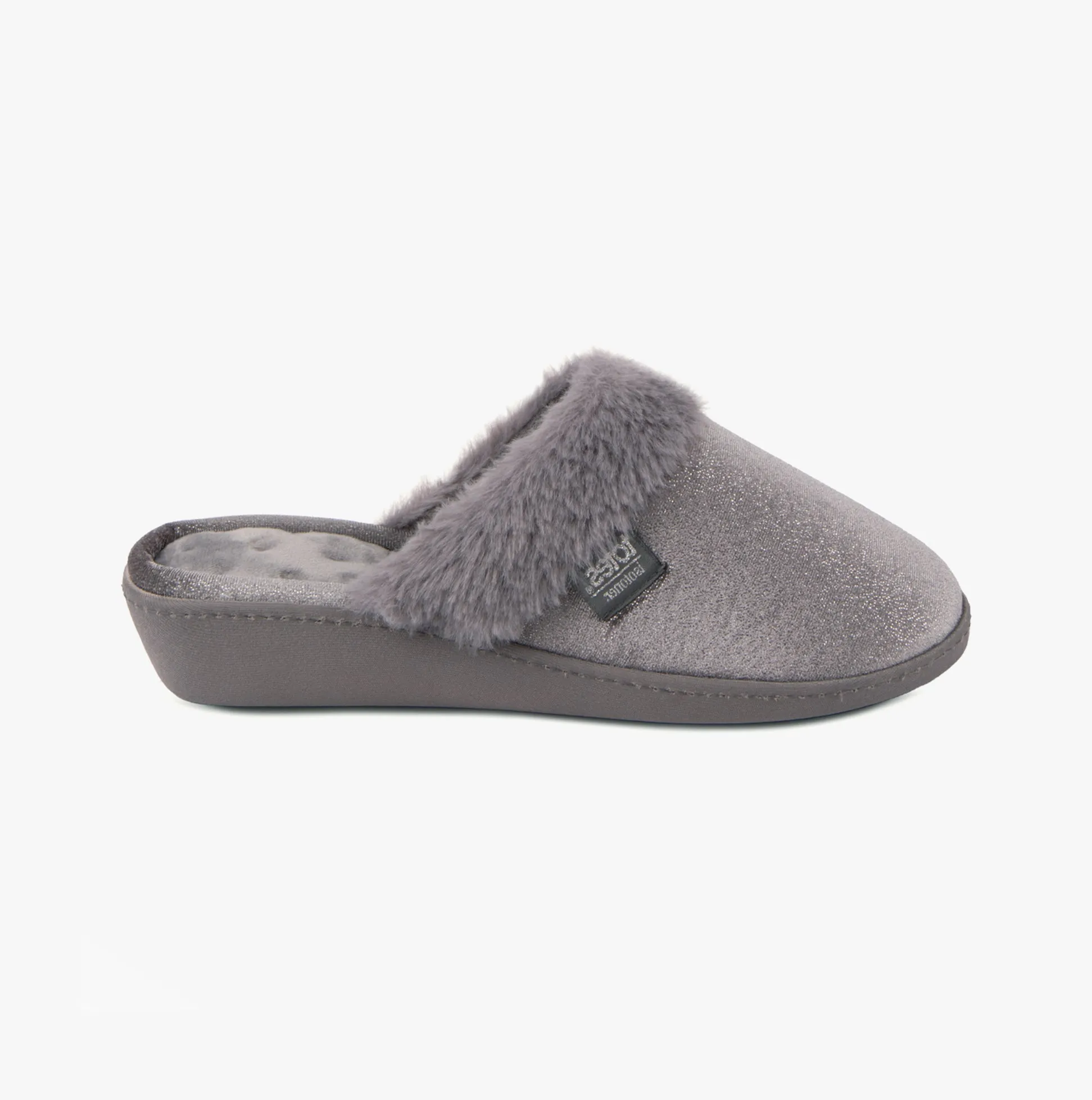 Totes Isotoner SPARKLE VELOUR HEELED MULE Womens Grey Sparkle