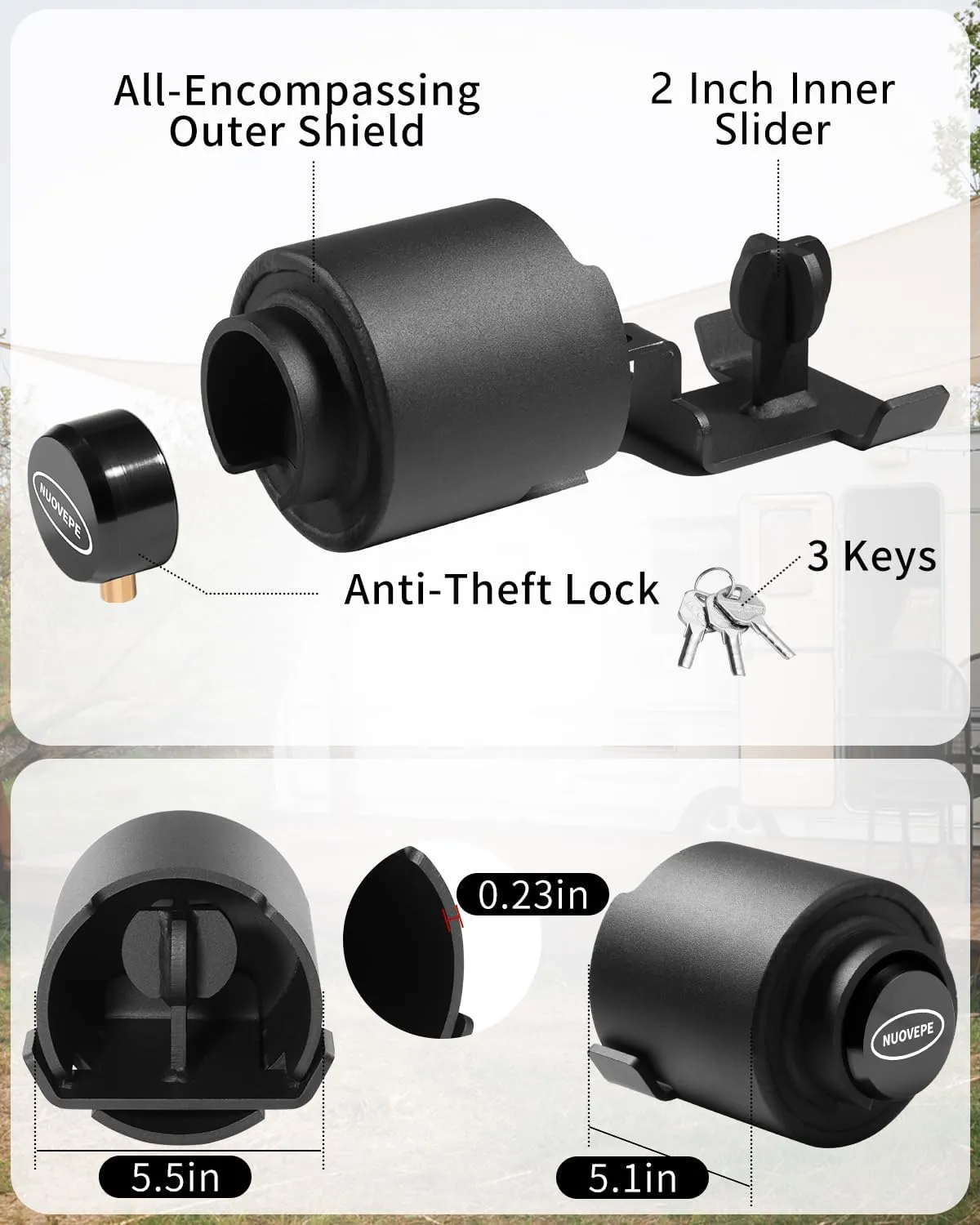 Trailer Lock Fits 2 Inch Couplers, Secures Safety Chains Anti-Theft Ball Hitch Lock, Pry-Resistant & Heavy-Duty Trailer Hitch Locks for RV | Boat | ATV | Utility Trailer (Black)